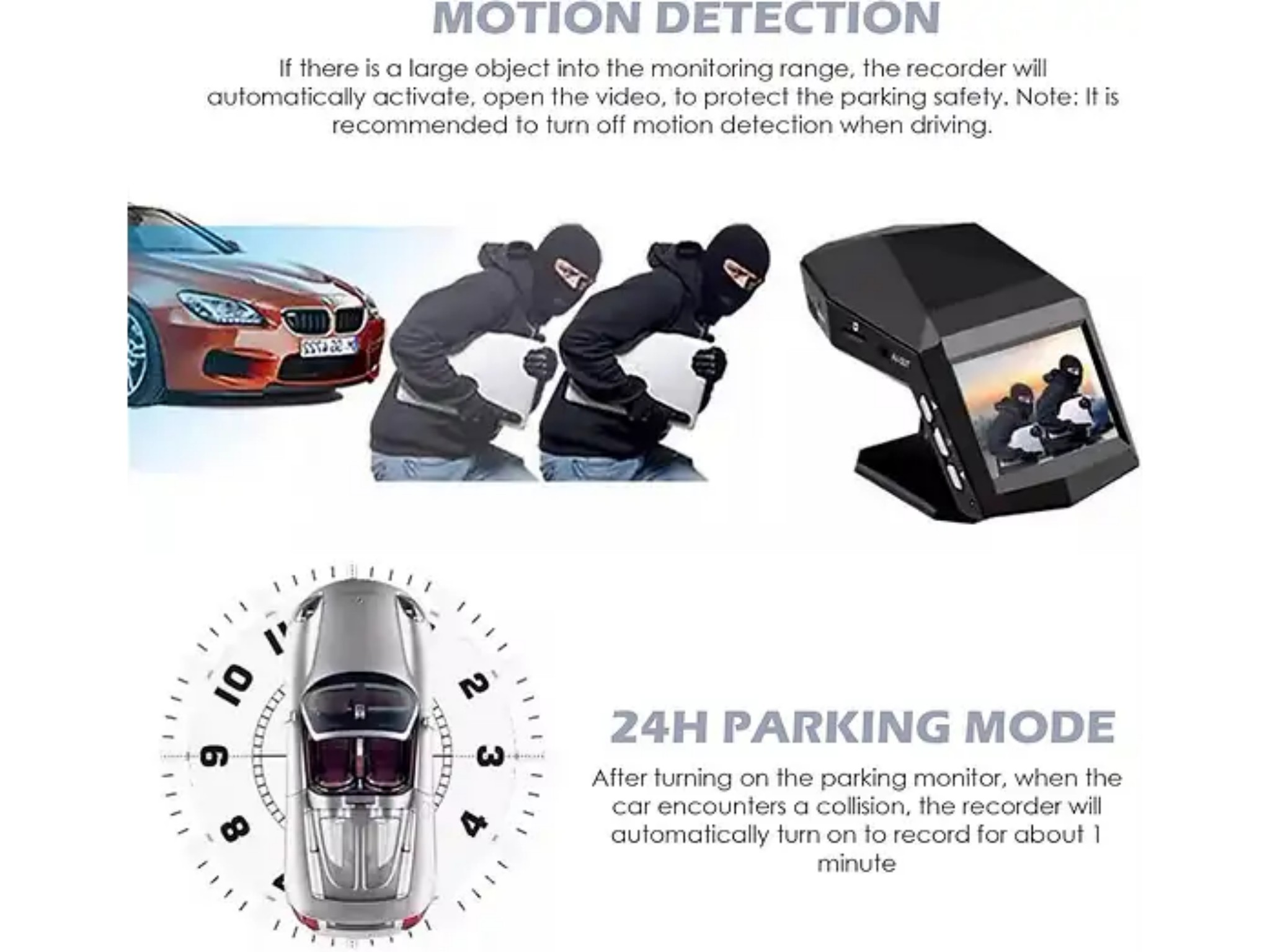 Infografik zeigt Bewegungserkennung und Parkmodus einer Autokamera mit Illustrationen.