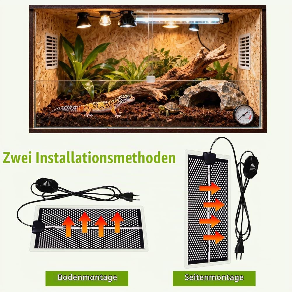 Ein Terrarium mit Gecko und Schildkröte, unten zwei Installationsmethoden für Heizmatten.