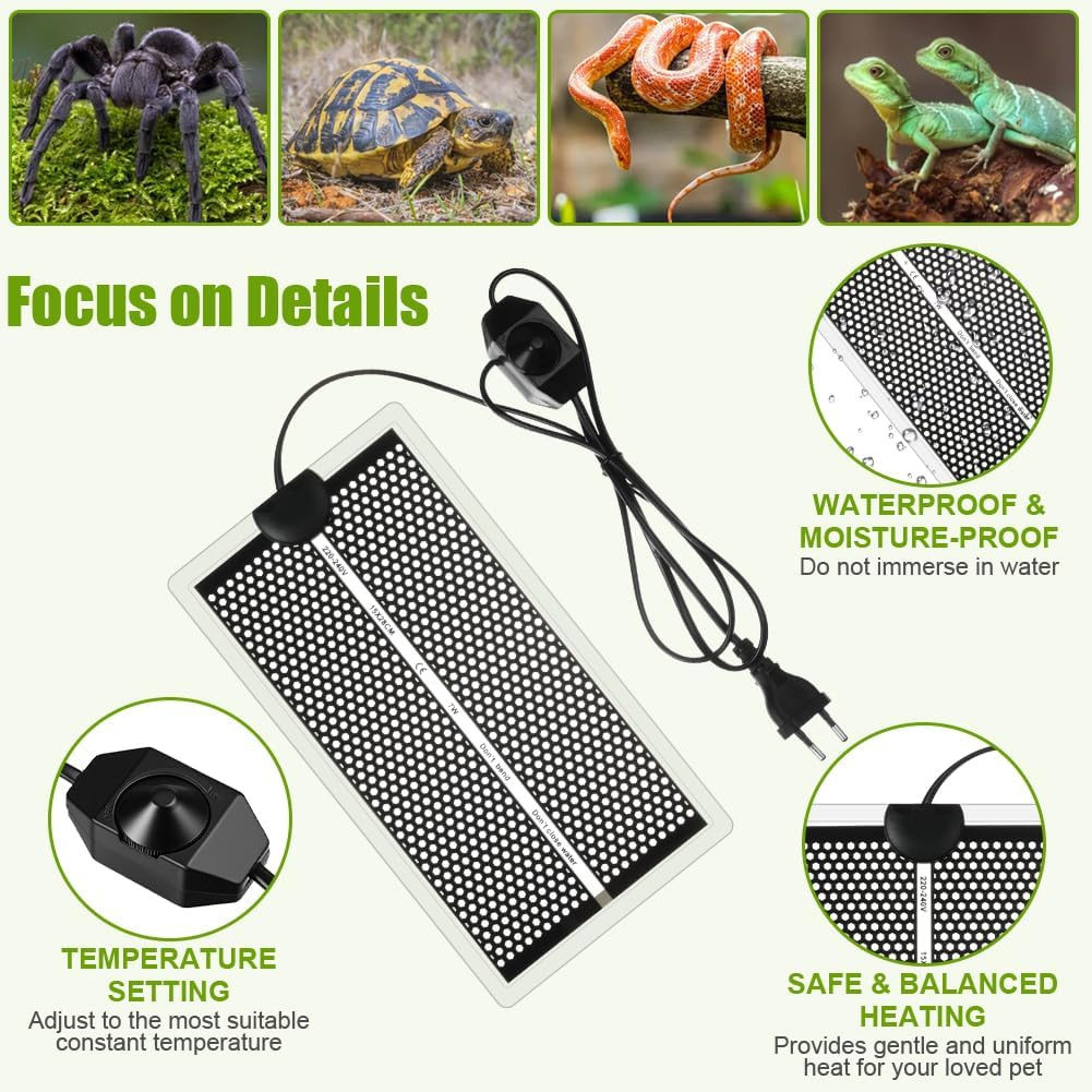 Heizmatte für Haustiere mit Temperaturregler, wasserdichtem Design und verschiedenen Reptilienbildern oben.