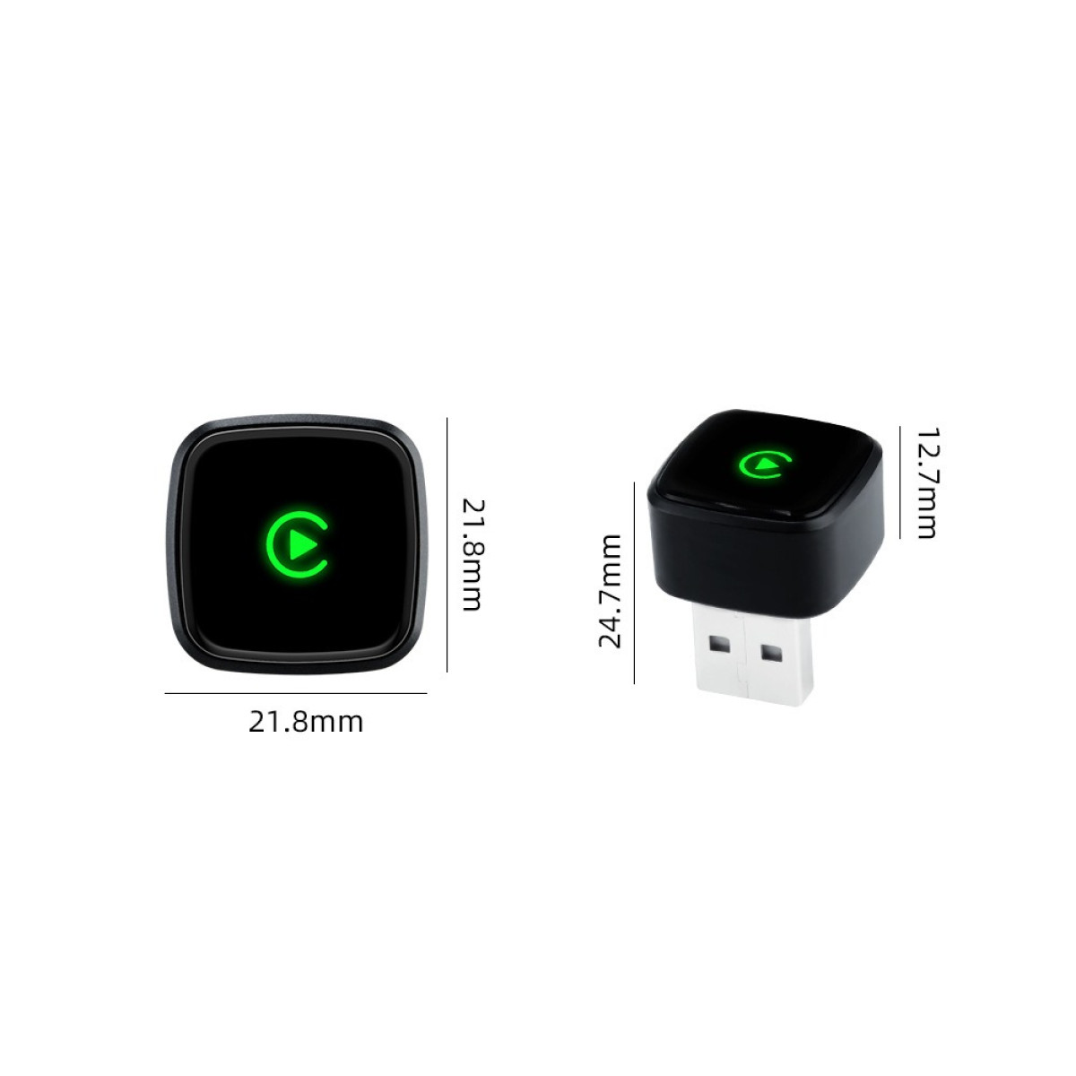 Kleiner schwarzer USB-Sender mit einem grünen Leuchtsymbol und Maßen von 21,8x21,8x24,7mm.