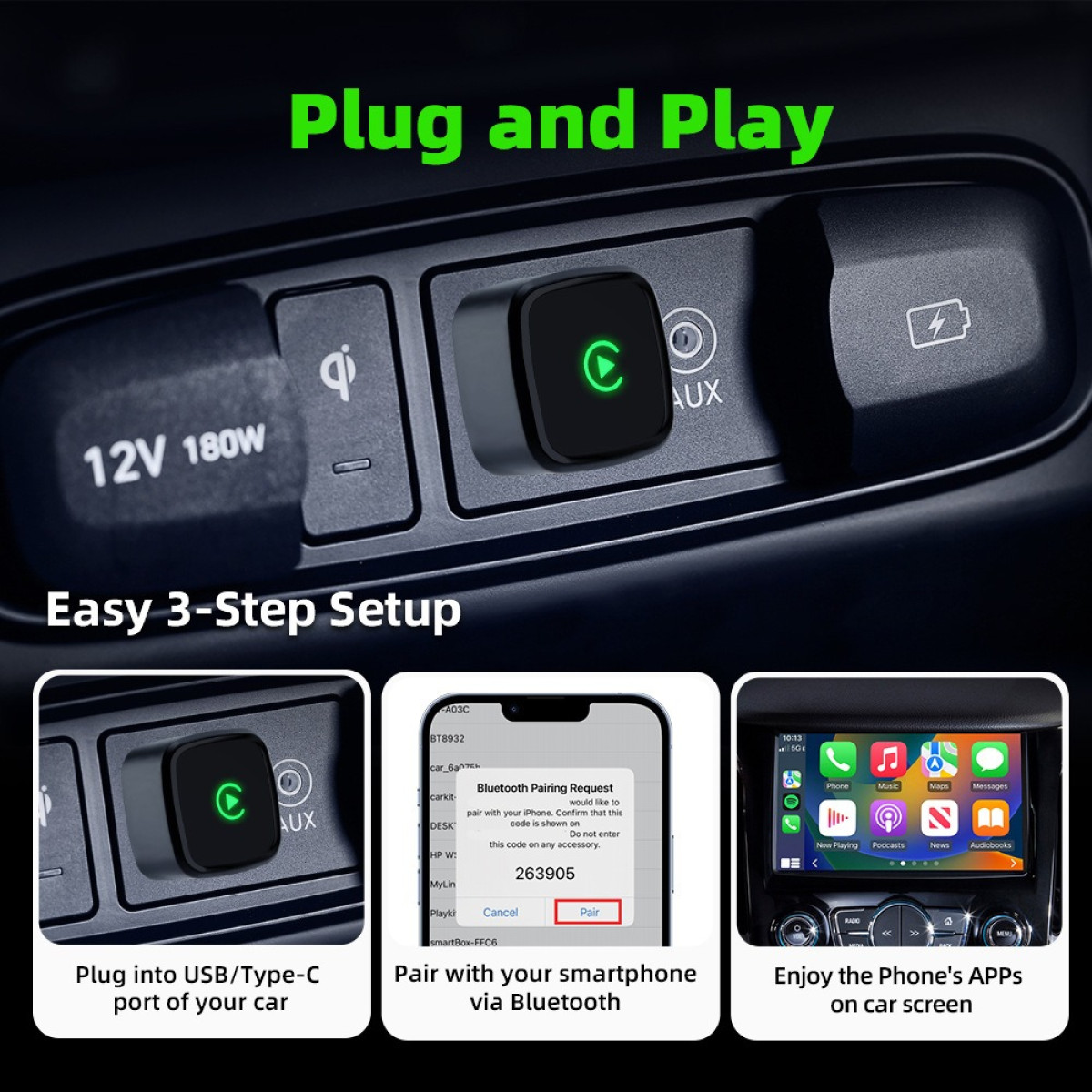 Ein Car-Bluetooth-Adapter zeigt drei einfache Schritte: Einstecken, Koppeln und Nutzung der Smartphone-Apps.