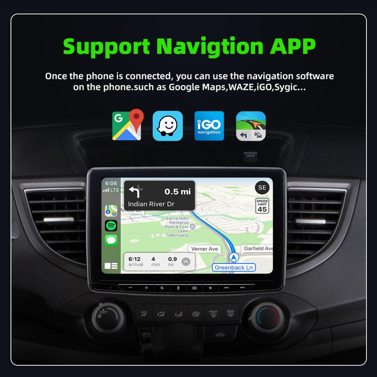 Ein Auto-Infotainment-Bildschirm zeigt eine Navigationskarte und Logos von Apps wie Google Maps und Waze.