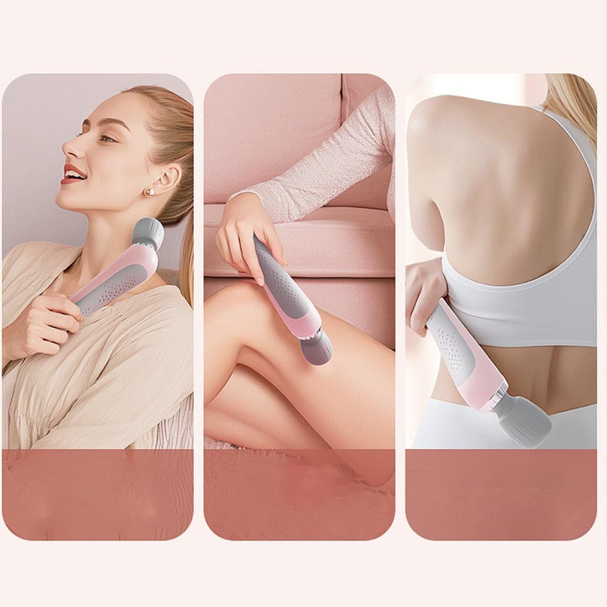 Drei Felder zeigen eine Frau, die ein rosa-graues Handmassagegerät am Hals, Bein und Rücken verwendet.