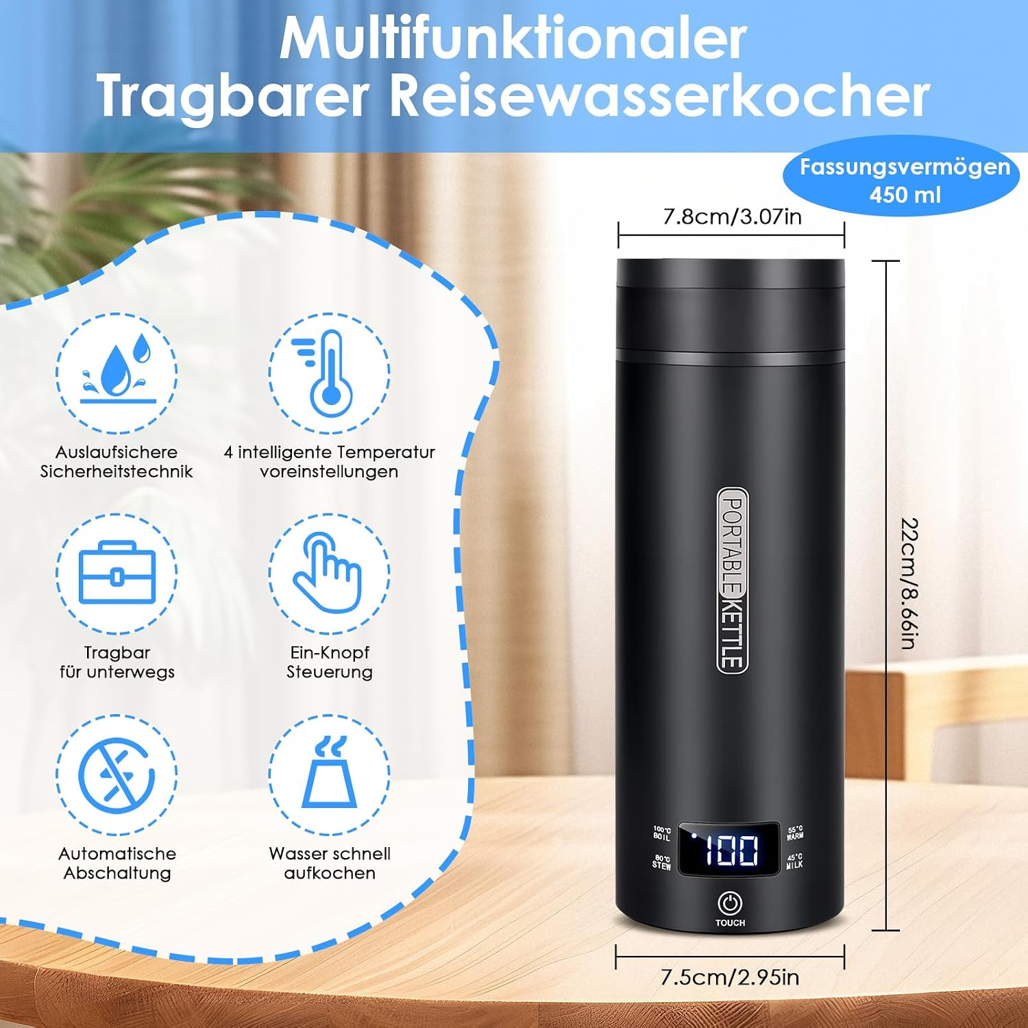 Schwarzer tragbarer Reise-Wasserkocher mit digitalen Temperaturanzeigen und Abmessungen auf einem Holztisch.