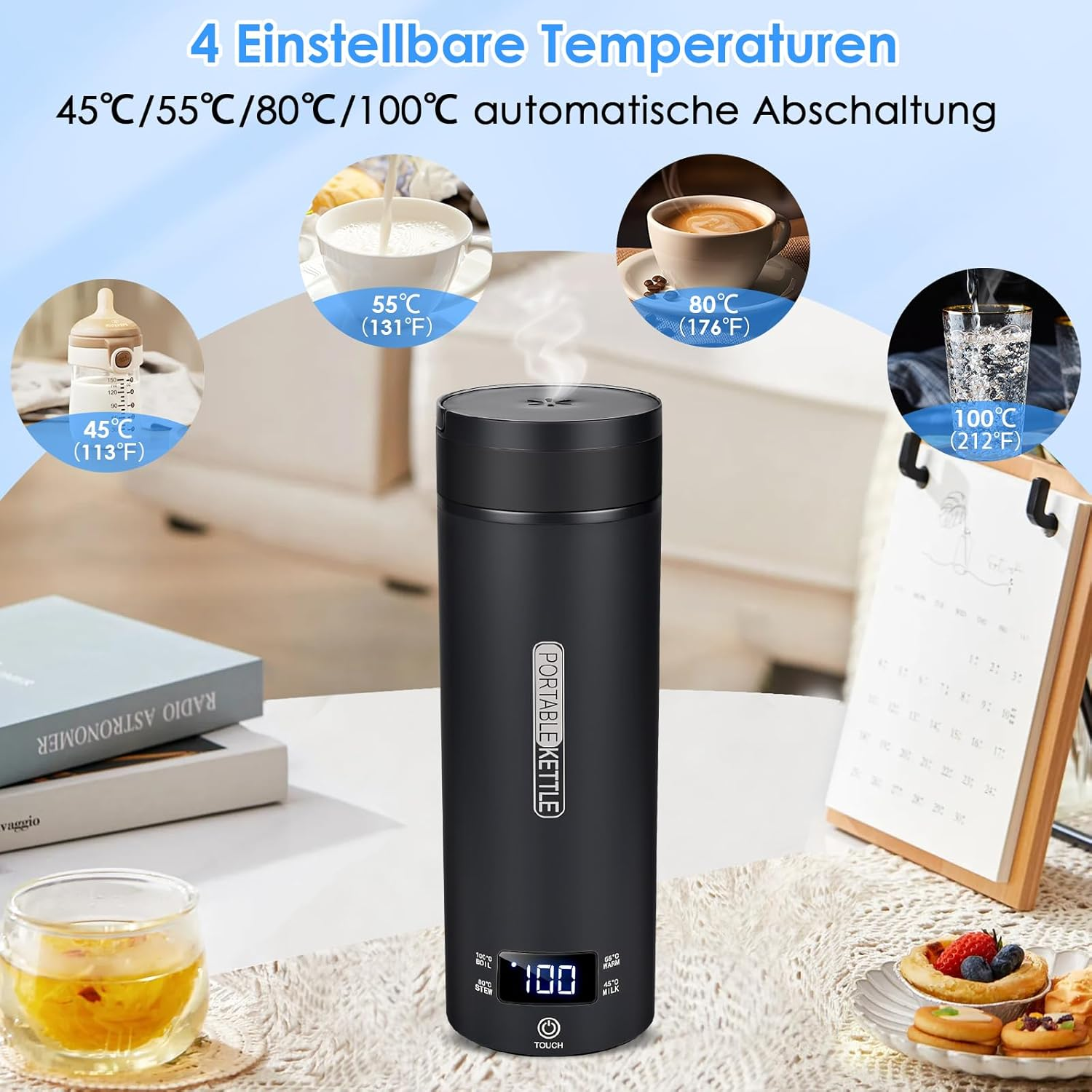 Schwarzer tragbarer Wasserkocher mit digitalem Display und vier Temperaturstufen auf einem Tisch.