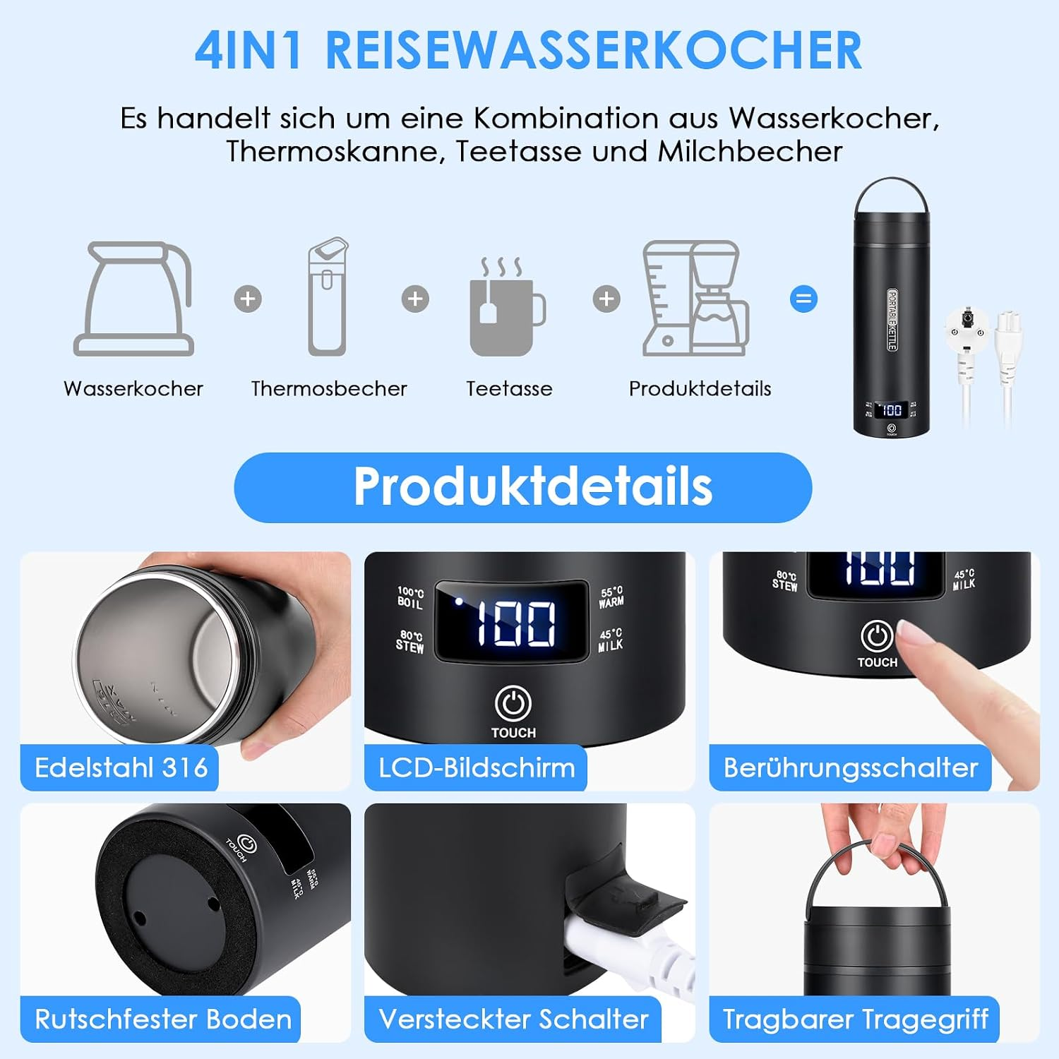 Produktübersicht eines 4-in-1-Reisewasserkochers mit Details zu Display, Touch-Schalter, Edelstahl und Griff.