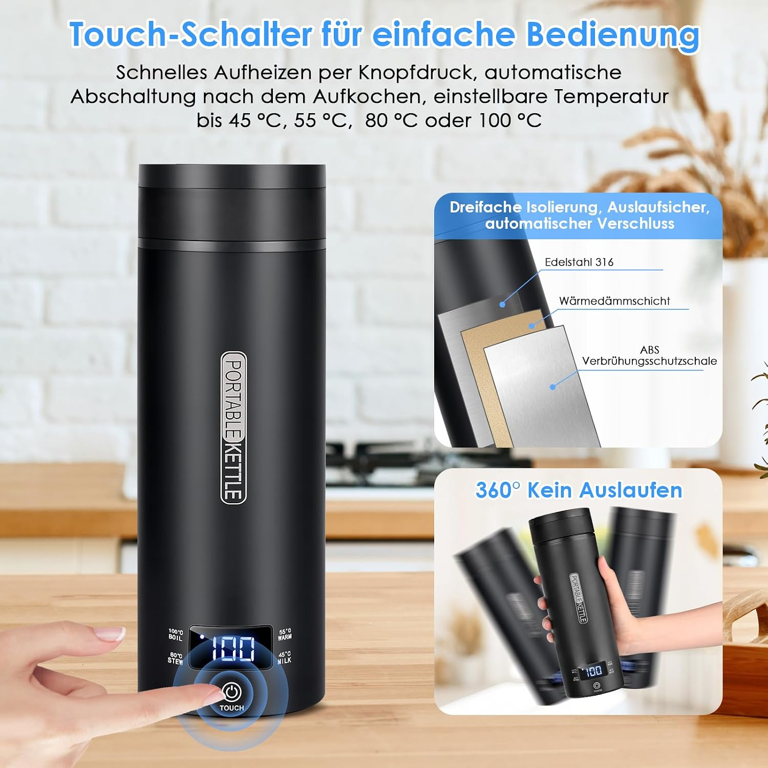 Ein schwarzer, tragbarer Wasserkocher auf einem Holztisch mit Touch-Steuerung und Isolationsdetails in Insets.