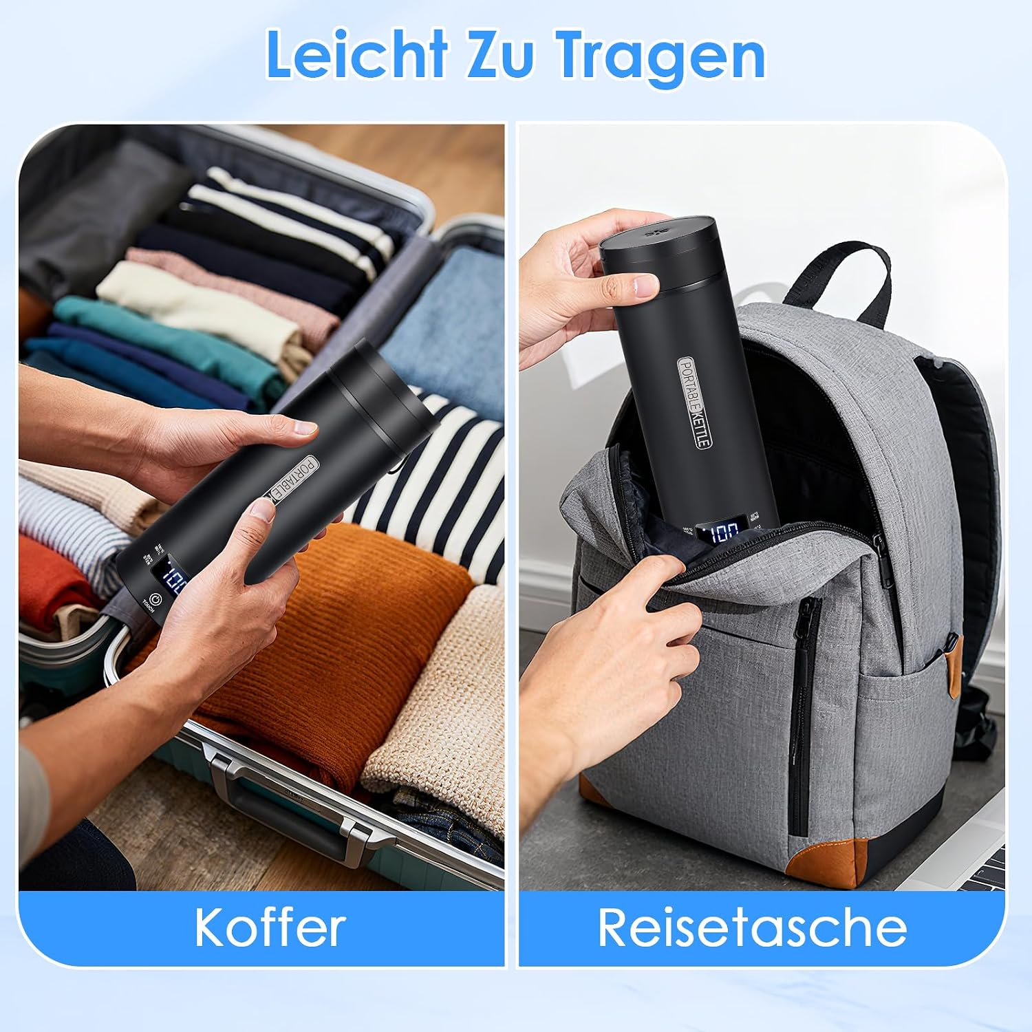 Eine schwarze Thermoskanne wird in einen Koffer und in einen Rucksack gepackt.