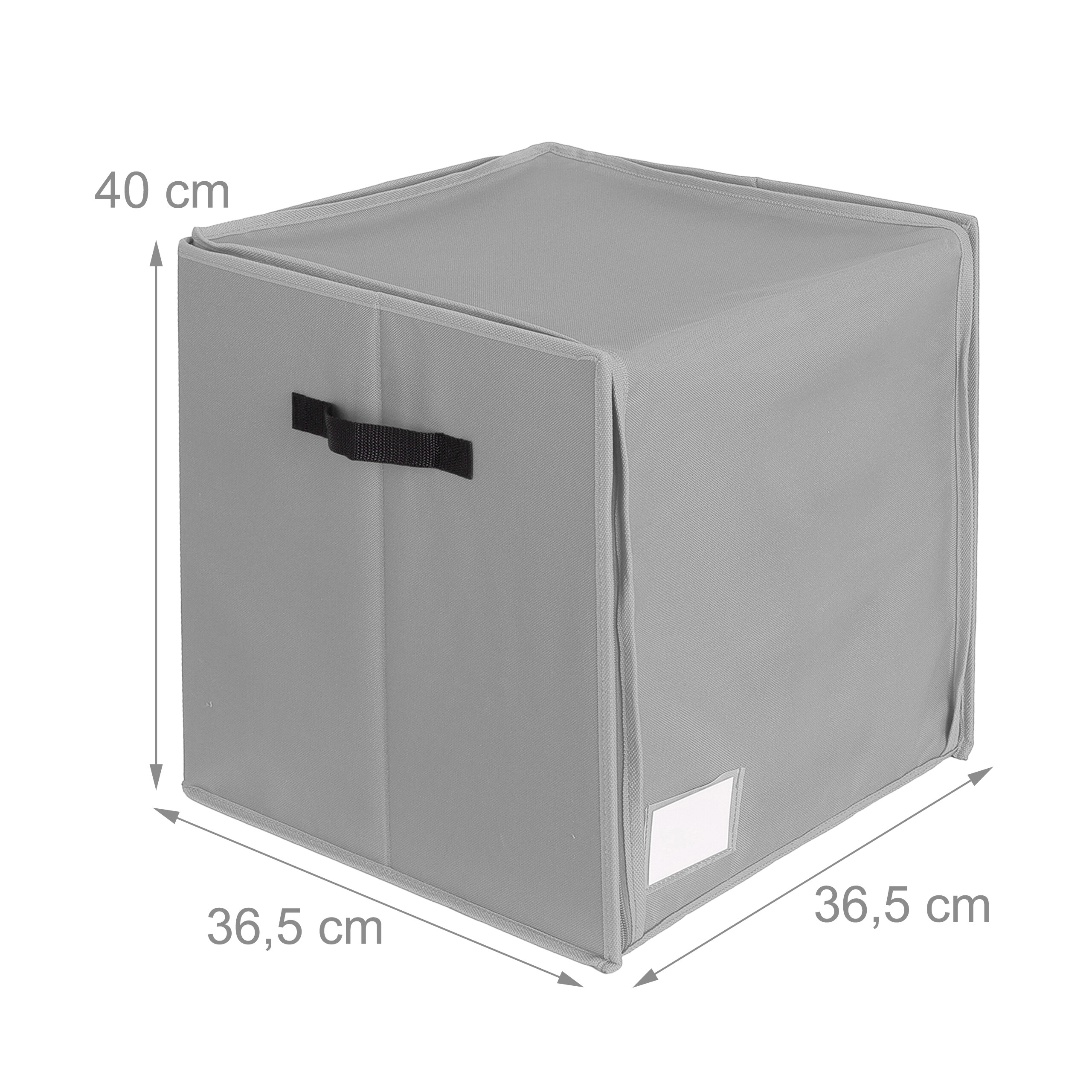 Graue Faltbox mit schwarzem Griff und Maßangaben von 40x36,5x36,5 cm.