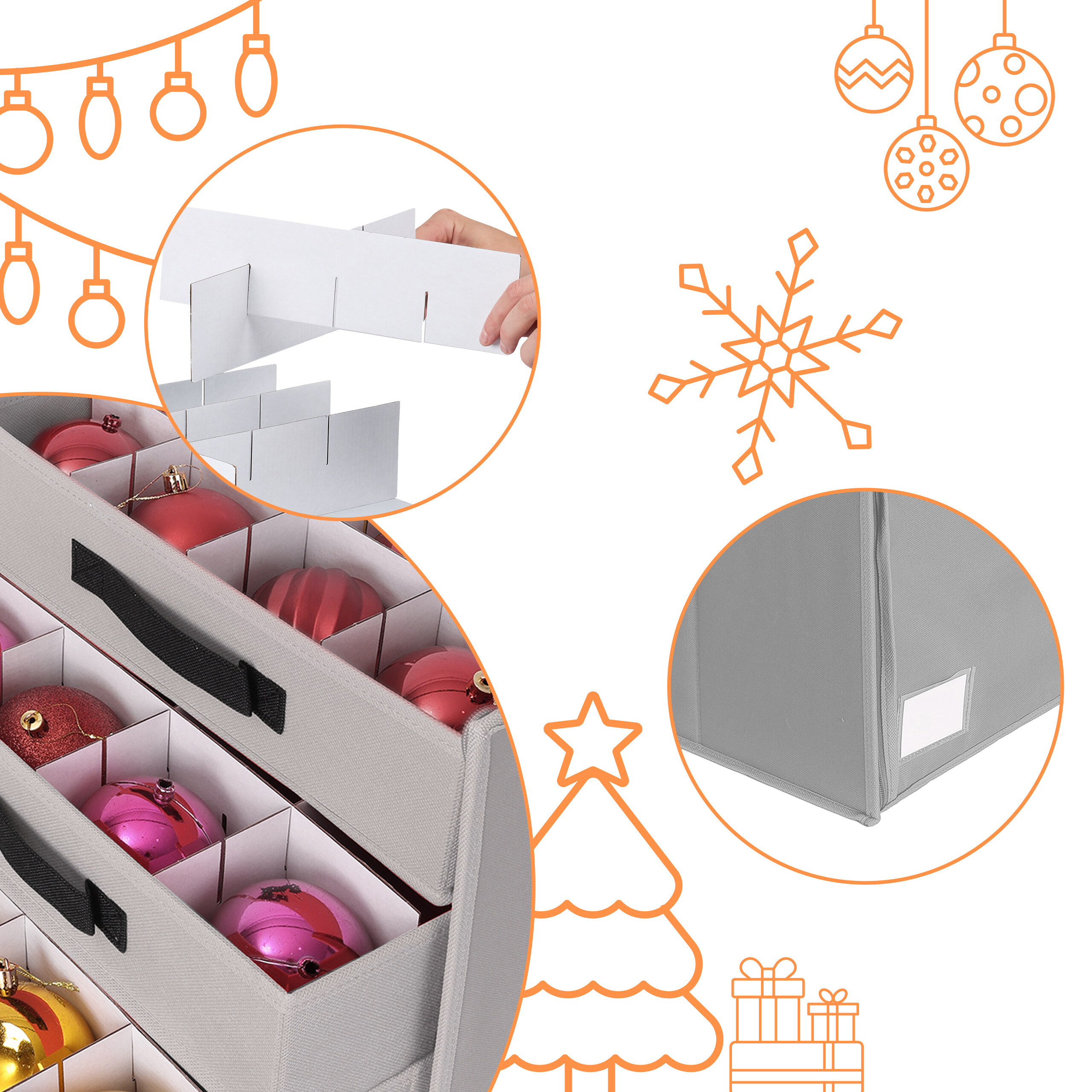 Graue Christbaumkugel-Aufbewahrungsbox mit Schubladen, Trennwänden und weihnachtlichen Strichzeichnungen.