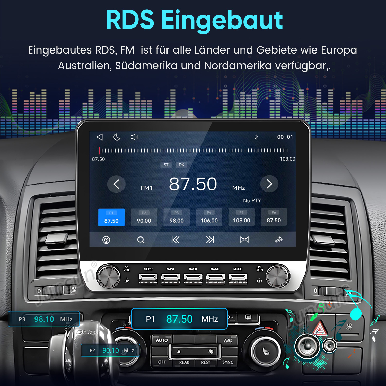 Ein Auto-Armaturenbrett mit Touchscreen zeigt eine UKW-Radio-Schnittstelle mit der Frequenz 87,50 MHz.