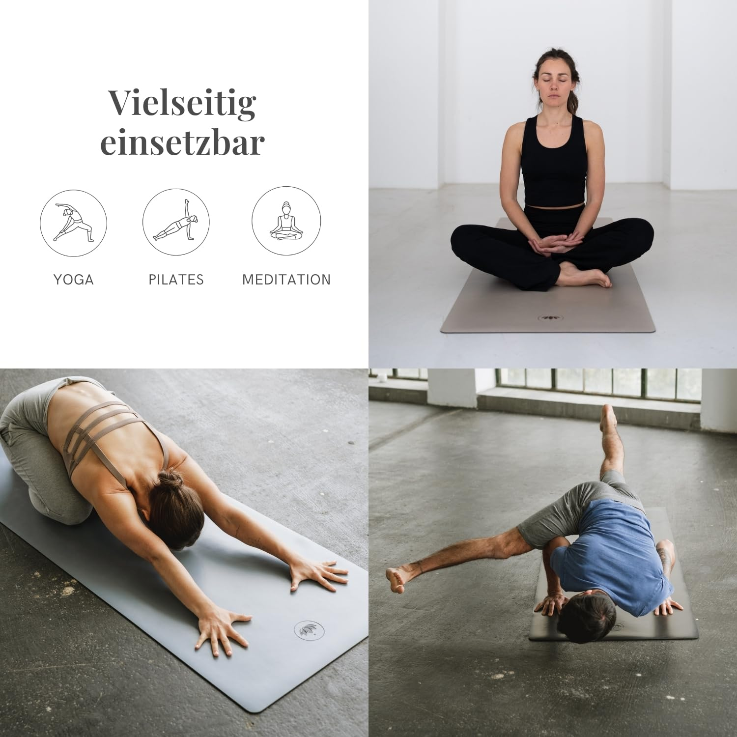 Quattro pannelli mostrano pose di yoga, pilates e meditazione su tappetini.