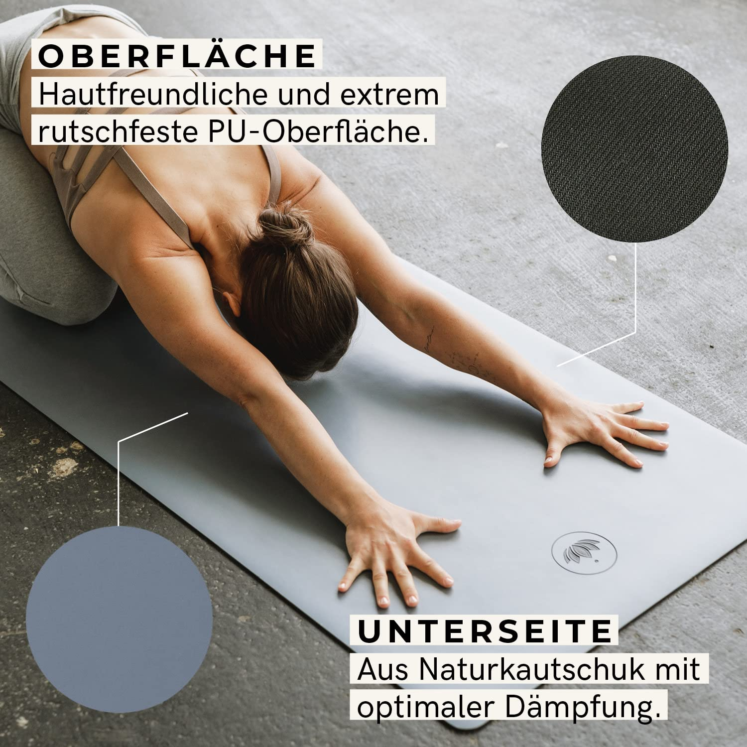 Persona in posa yoga su tappetino grigio con didascalie sui materiali.