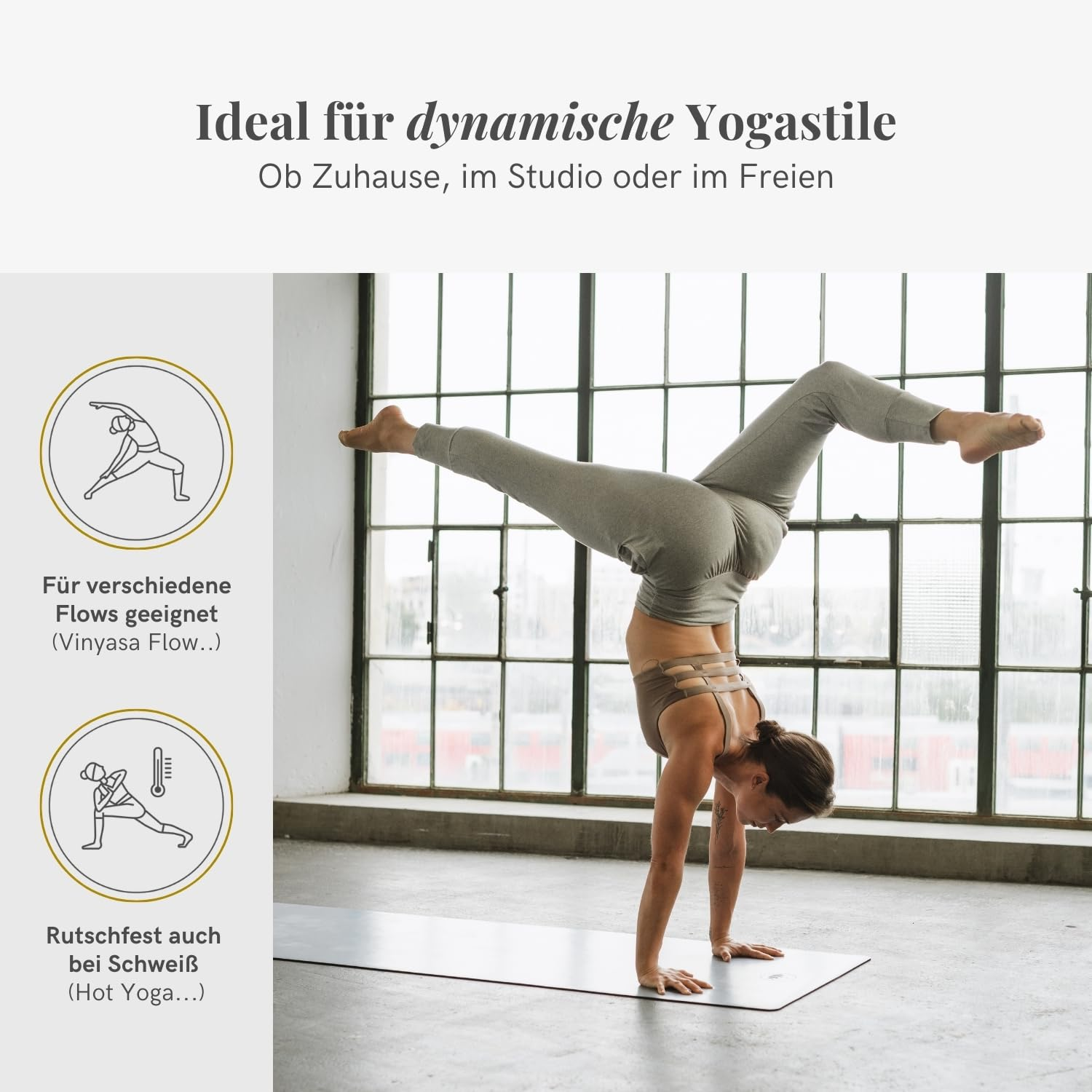 Donna che fa la verticale su un tappetino da yoga davanti a una grande finestra, con infografiche a lato.