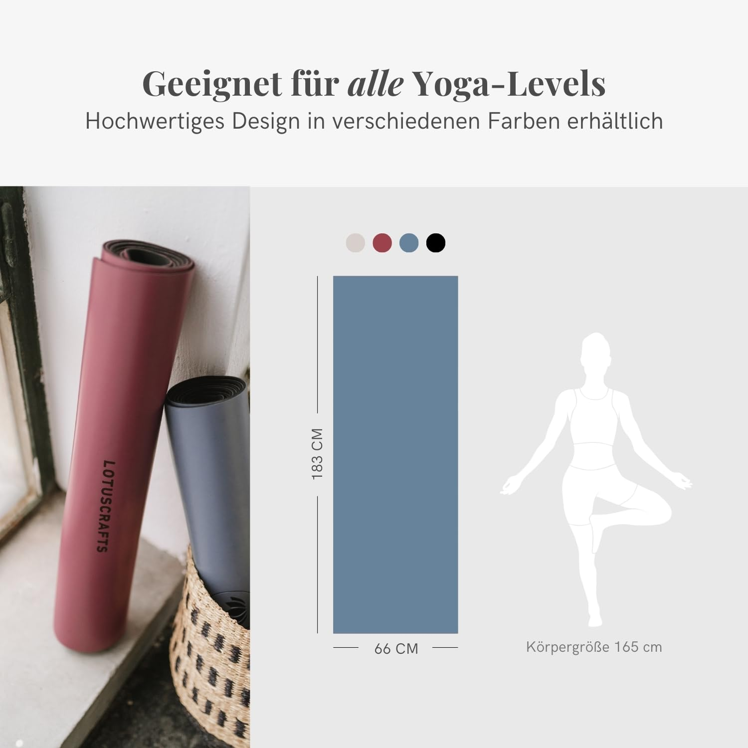 Grafica mostra tappetino yoga 183x66 cm e persona in posizione, con tappetini arrotolati.