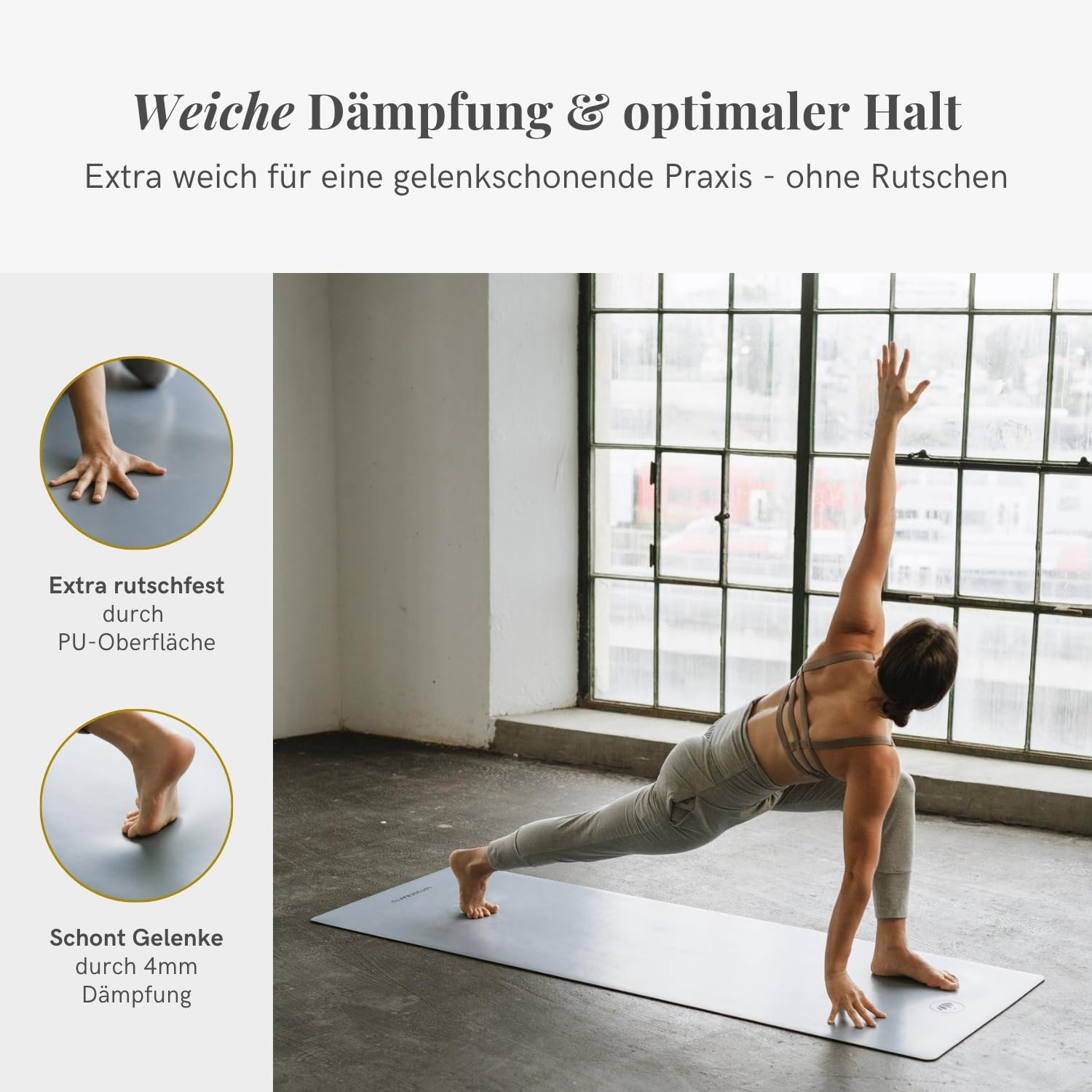 Una donna fa yoga su un tappetino grigio davanti a una finestra, con dettagli su aderenza e ammortizzazione.