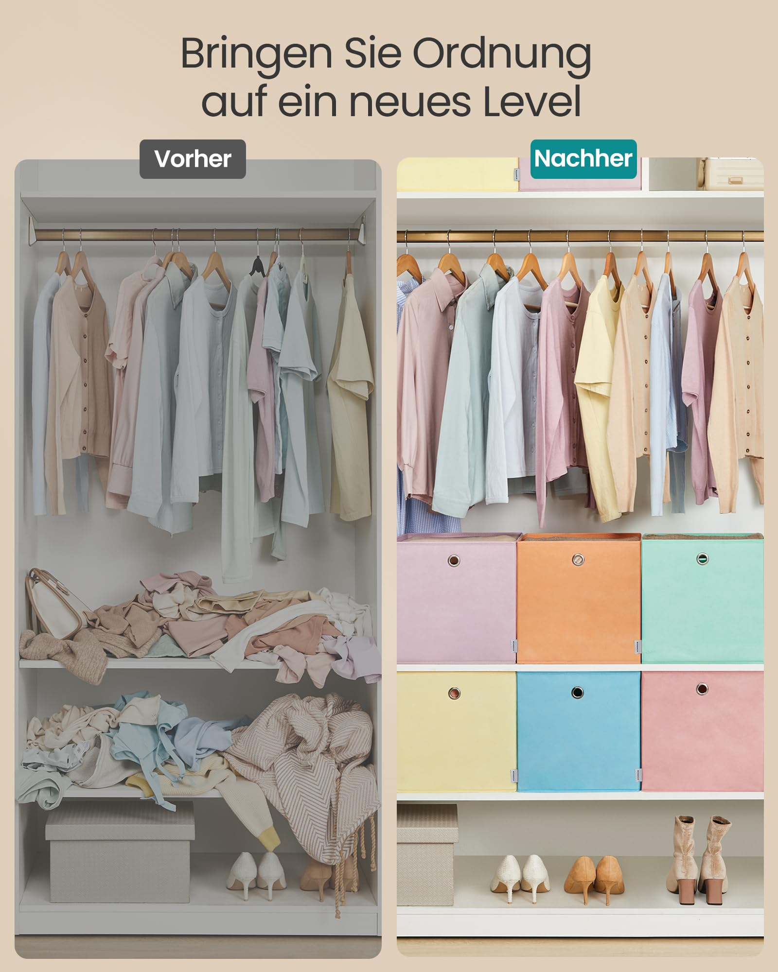 Comparaison d'une armoire en désordre à gauche et d'un placard bien rangé avec des boîtes colorées à droite.