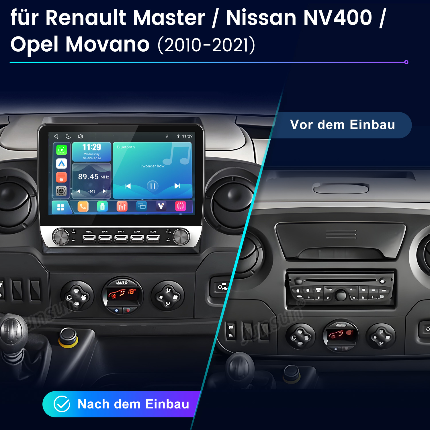 Vergleich Auto-Armaturenbrett vor und nach dem Einbau eines modernen Infotainment-Displays.