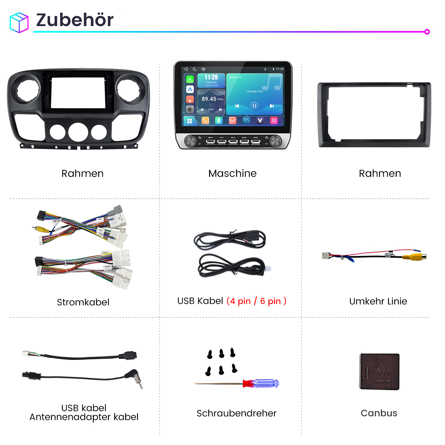 Auto-Hi-Fi-Zubehör mit Radioblende, Touchscreen-Hauptgerät, Kabelbäumen, Kabeln und Werkzeug.