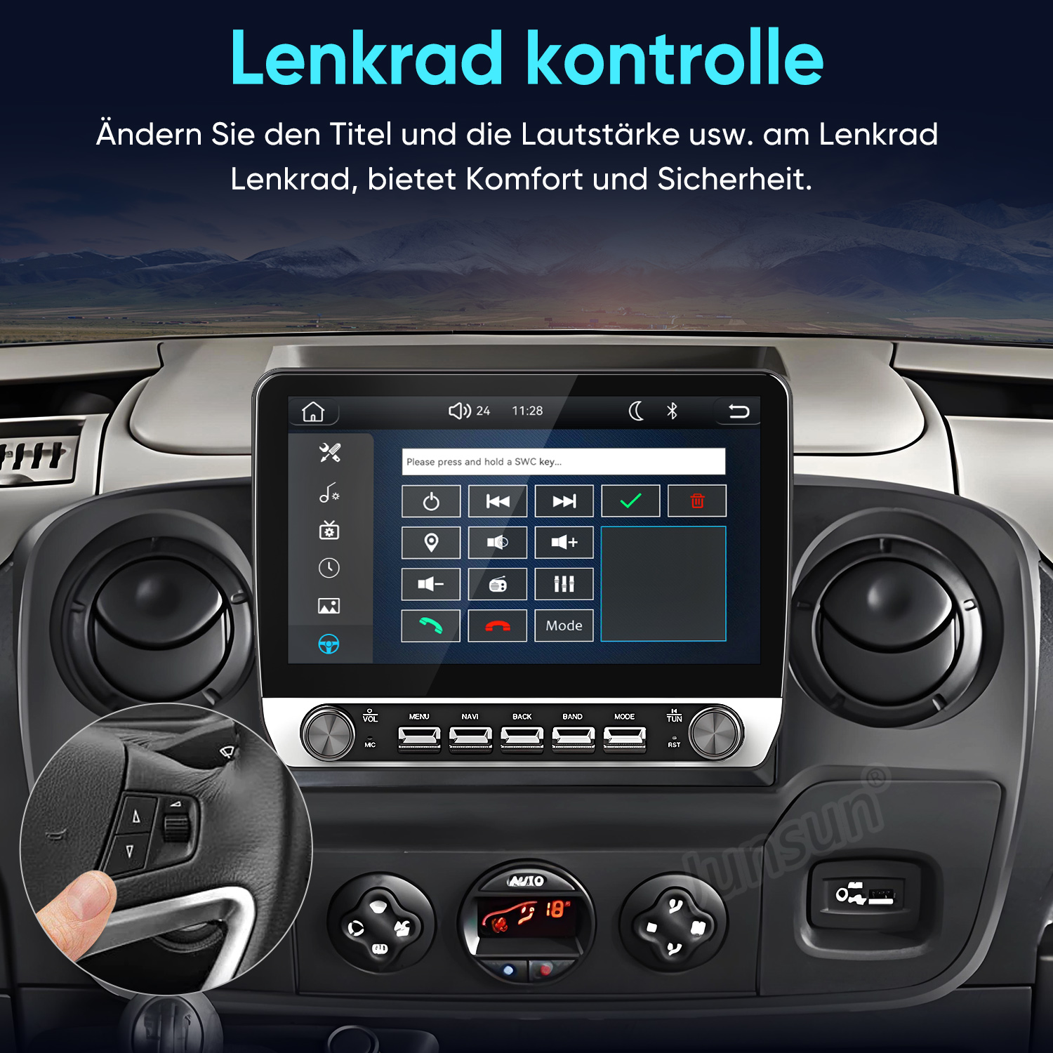 Auto-Armaturenbrett mit Touchscreen-Infotainmentsystem und Lenkradfernbedienung.