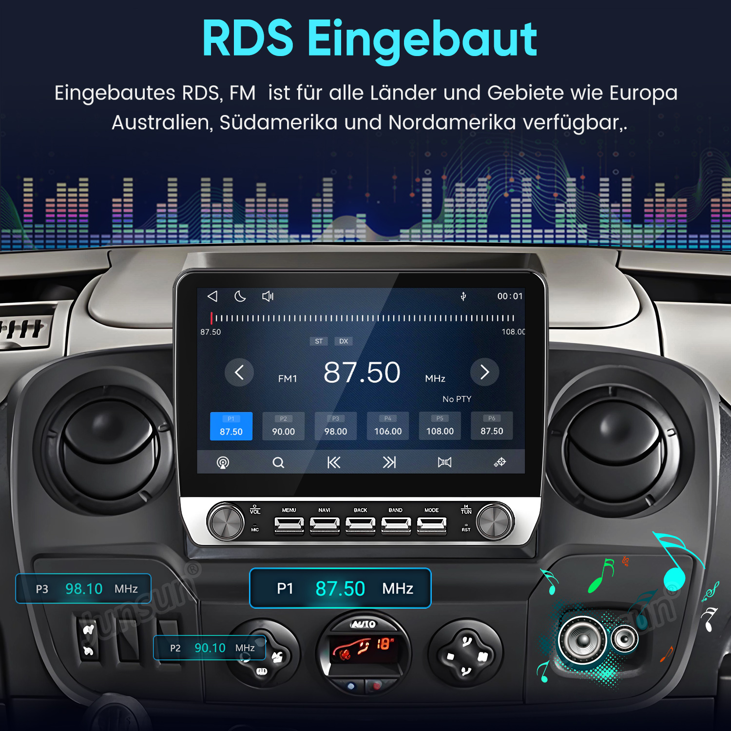 Autoradio mit Touchscreen in Armaturenbrett, das FM-Radio und RDS anzeigt.