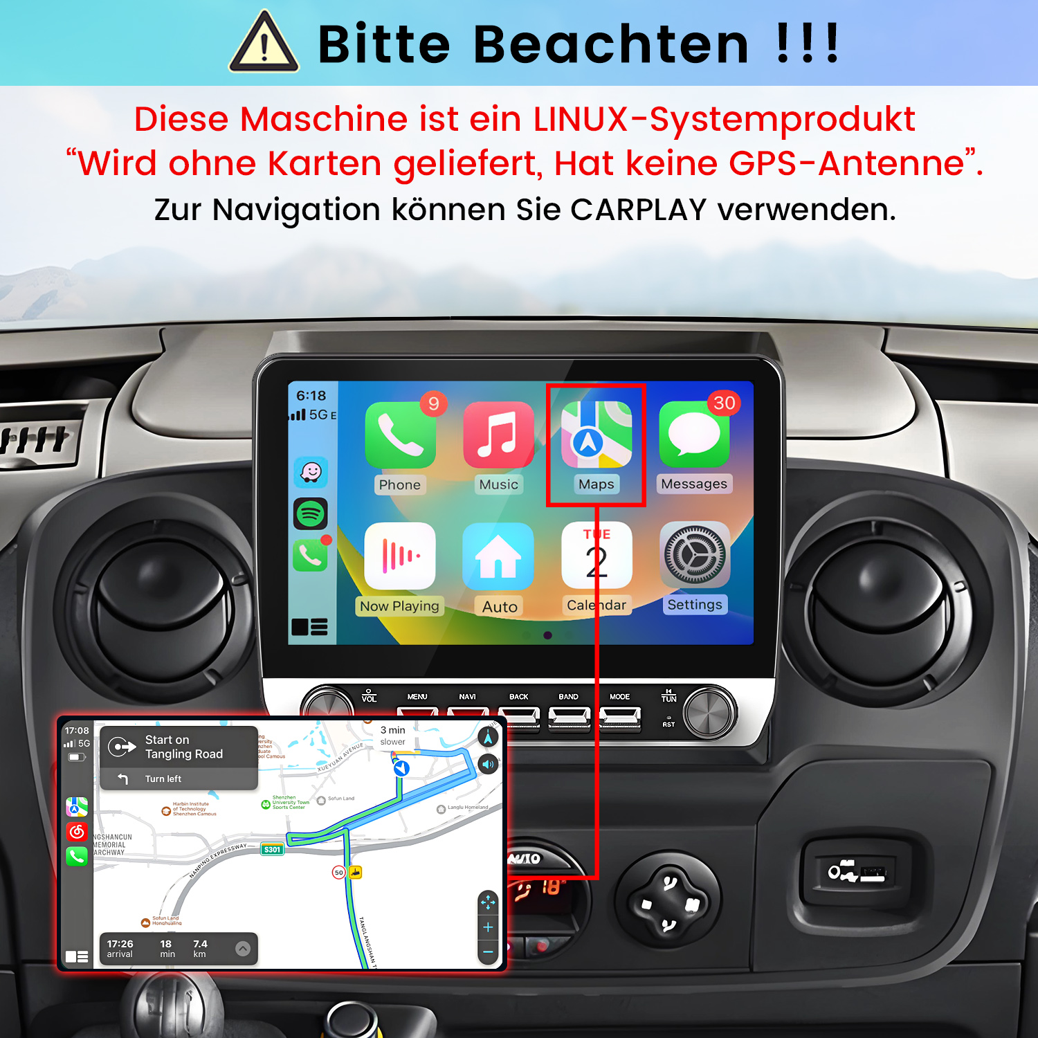 Linux-Car-Radio-Display mit CarPlay und Kartennavigation, ohne GPS-Antenne.