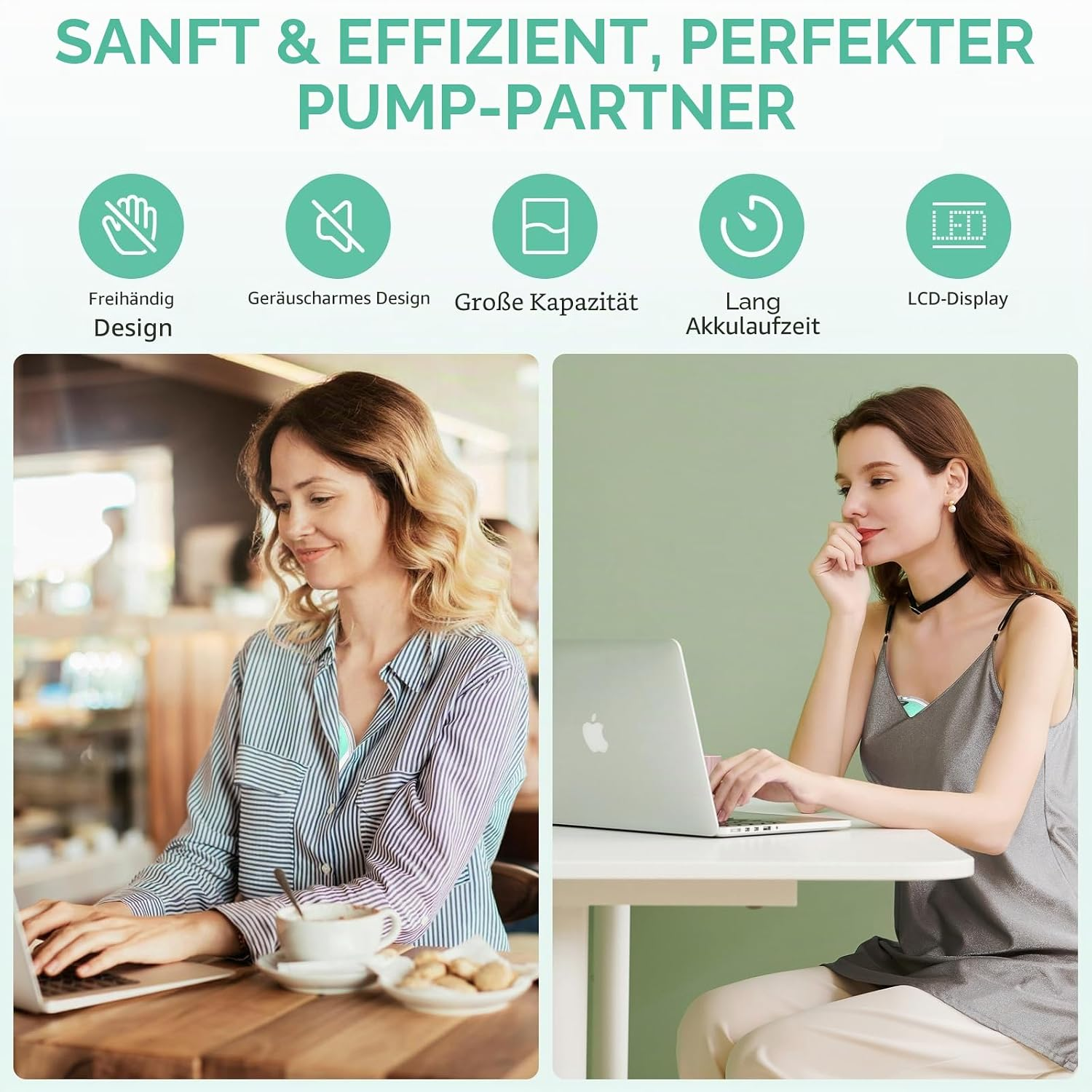 Zwei Frauen nutzen kabellose Milchpumpen beim Arbeiten am Laptop mit Kaffee und Gebäck.