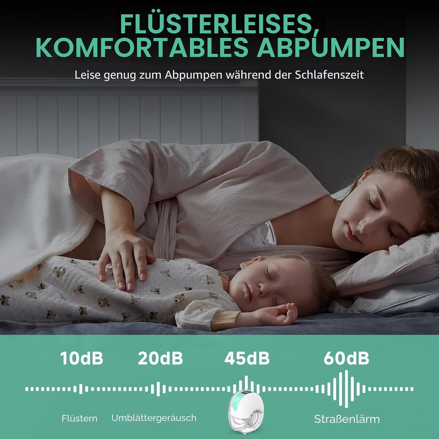 Eine Frau schläft friedlich neben einem Baby im Bett, mit Textüberlagerungen über leise Milchpumpen.