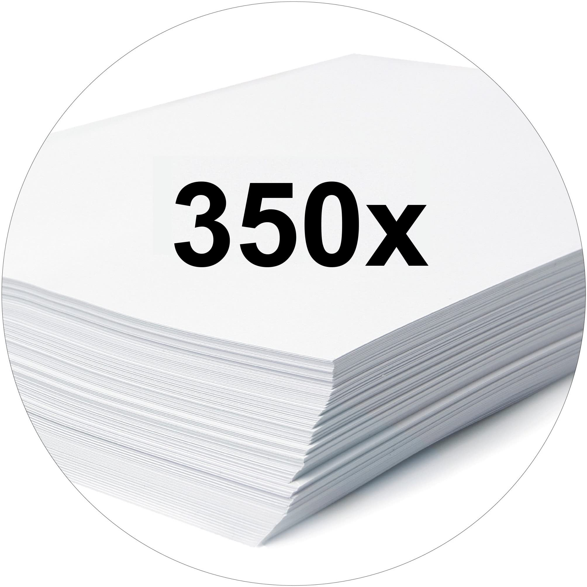 Una grande pila di carta bianca, etichettata con il testo nero 350x.