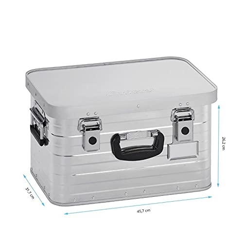 Silberne Aluminium-Transportbox mit schwarzen Griffen und Laschen auf weißem Hintergrund, inklusive Maßangaben.