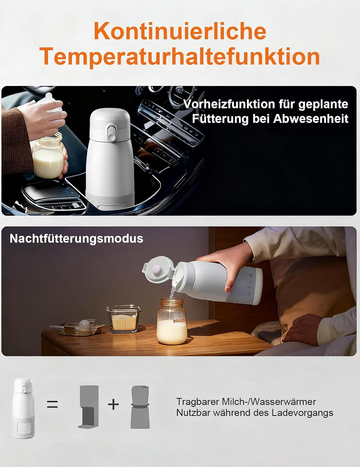 Tragbarer weißer Flaschenwärmer im Auto und auf dem Nachttisch im Einsatz, mit Text und Symbolen.