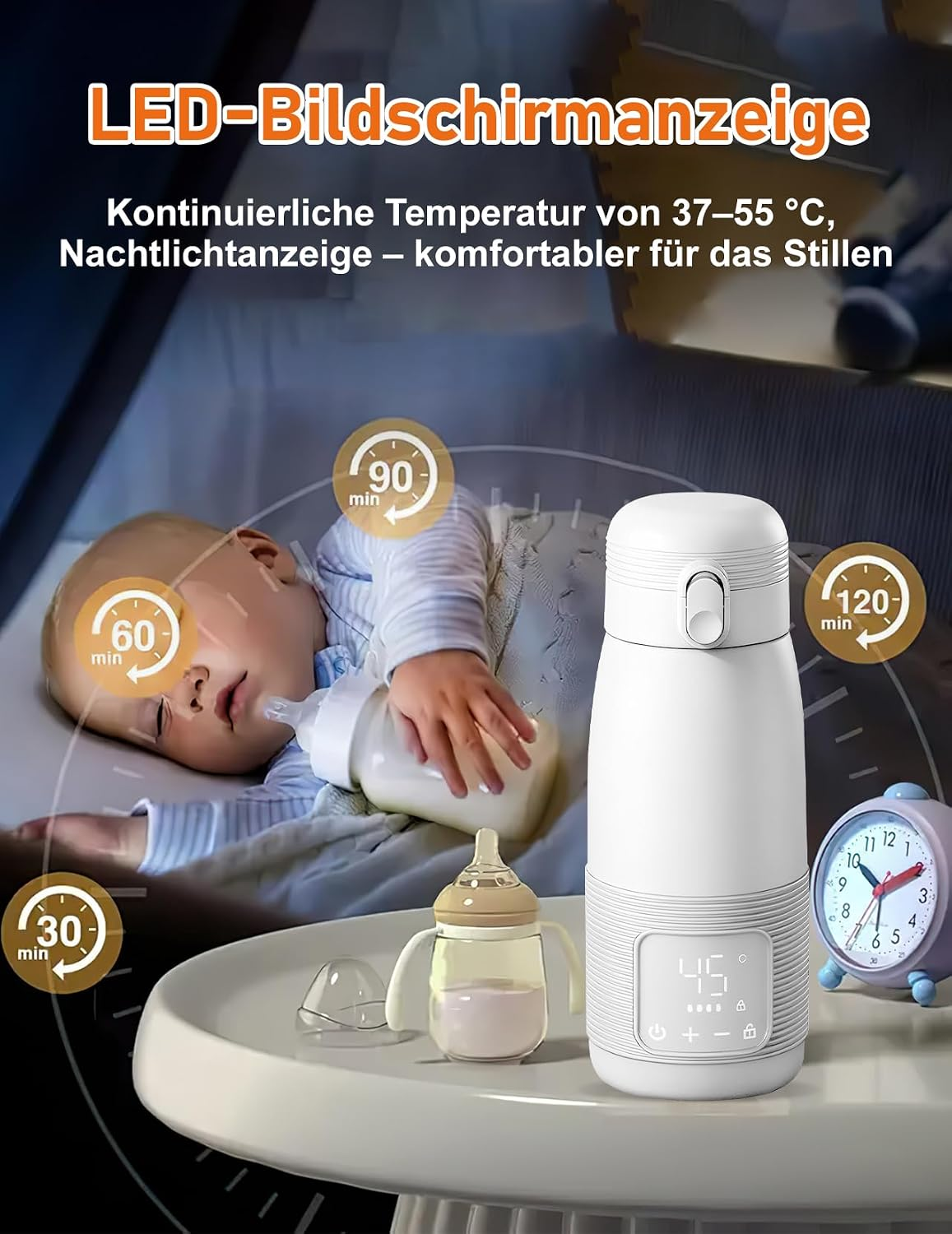 Tragbarer Flaschenwärmer mit LED-Anzeige auf einem Tisch neben einem Baby, das mit einer Flasche schläft.