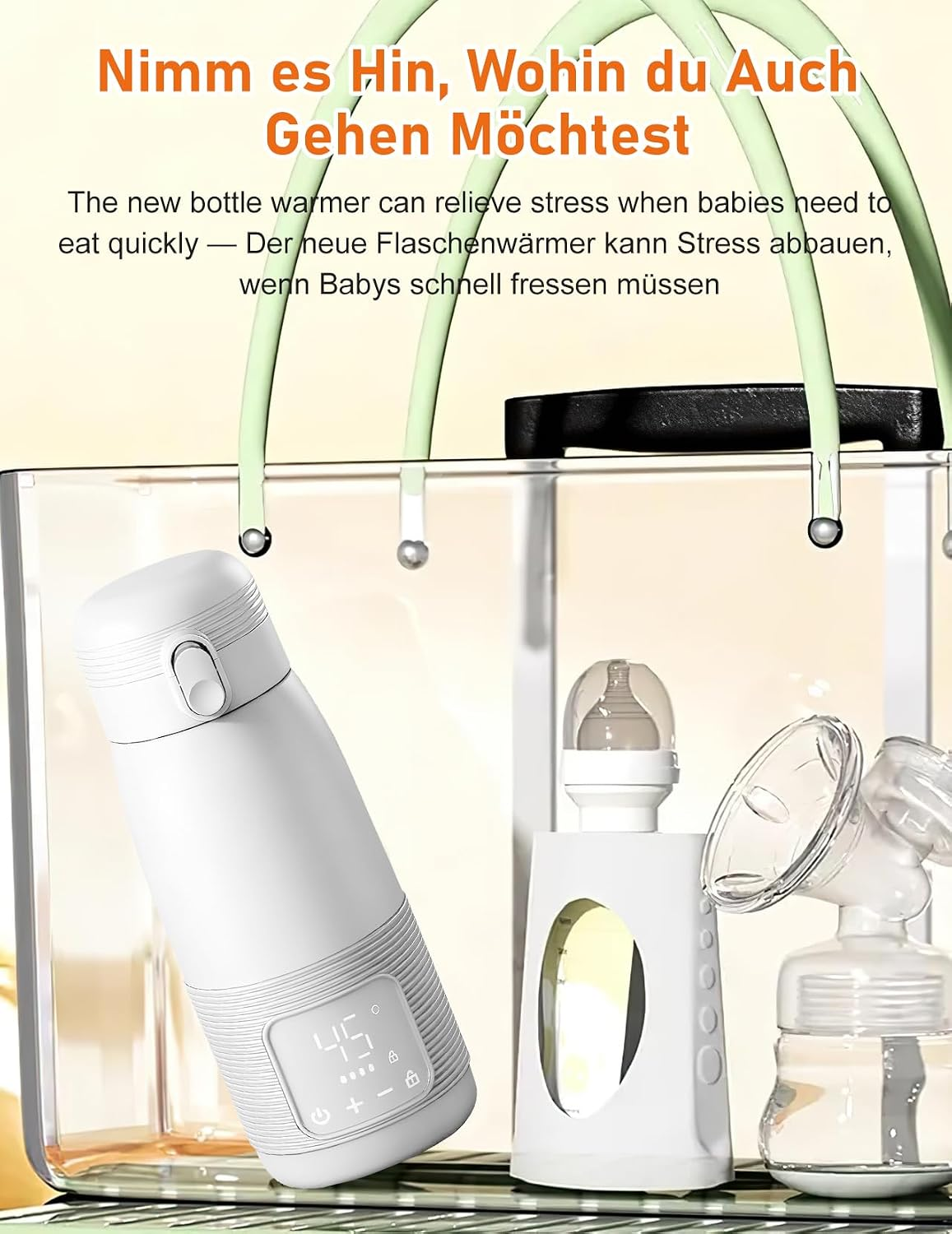 Ein tragbarer weißer Flaschenwärmer und Babysachen in einer transparenten Tasche mit deutschem und englischem Text.