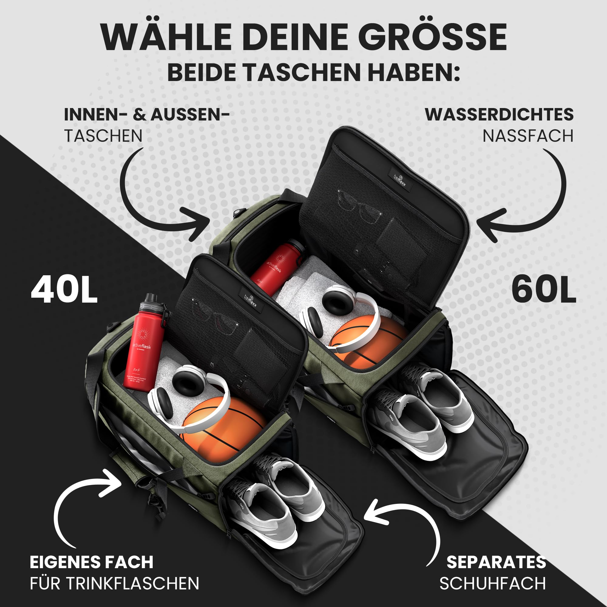 Vergleich von zwei grünen Sporttaschen in 40L und 60L mit Innen- und Außentaschen sowie Nass-, Schuh- und Flaschenfach.