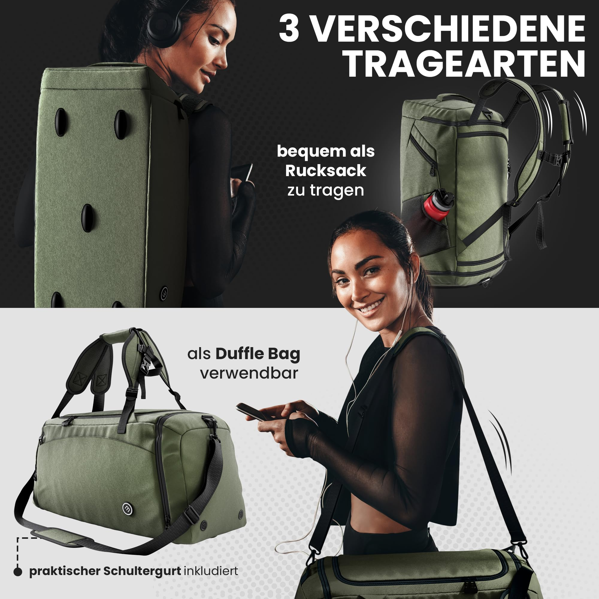 Eine Frau trägt eine vielseitige grüne Reisetasche als Rucksack und Duffle Bag, mit Werbetext.