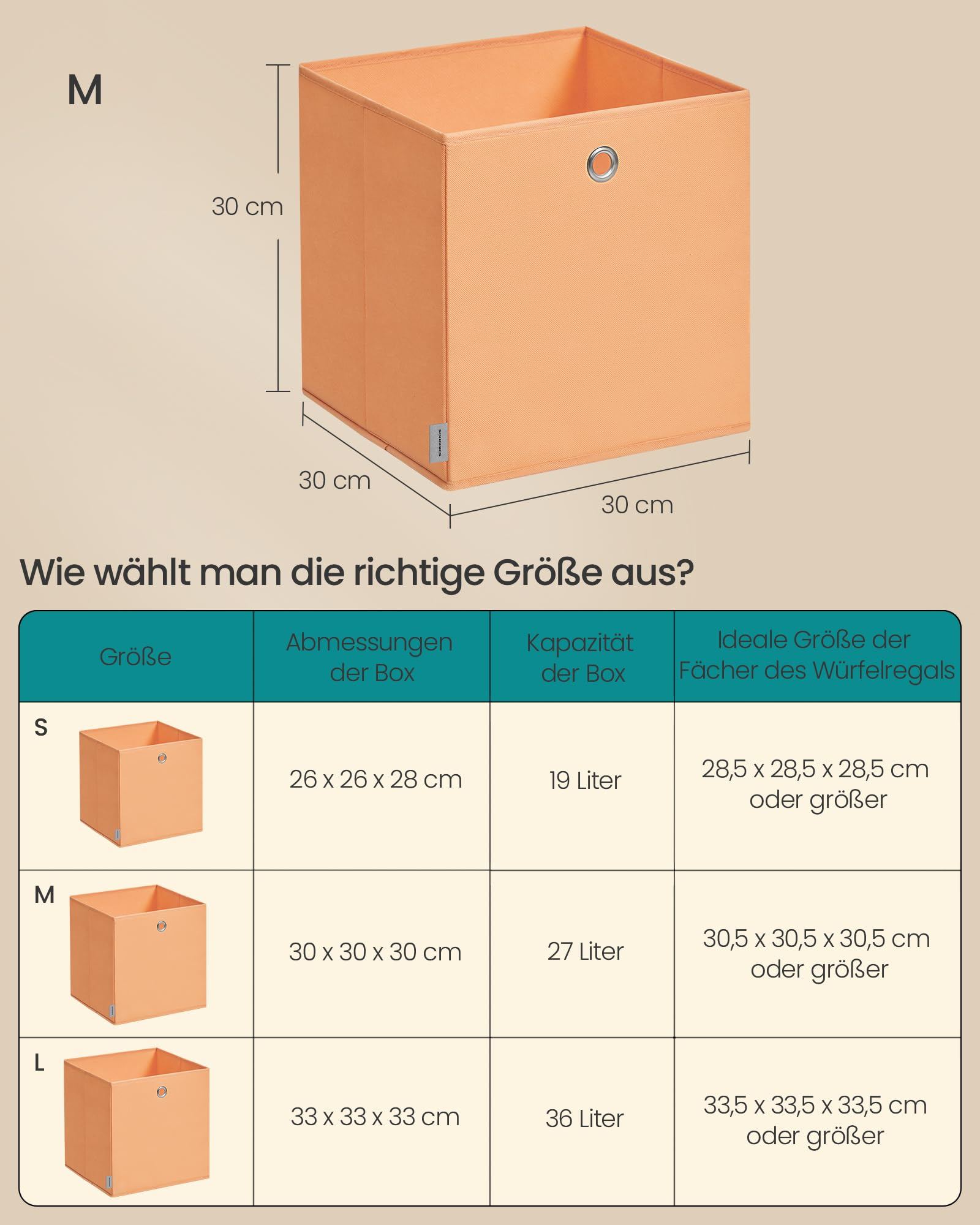 Una scatola di stoffa arancione con etichette di dimensioni e una tabella comparativa.