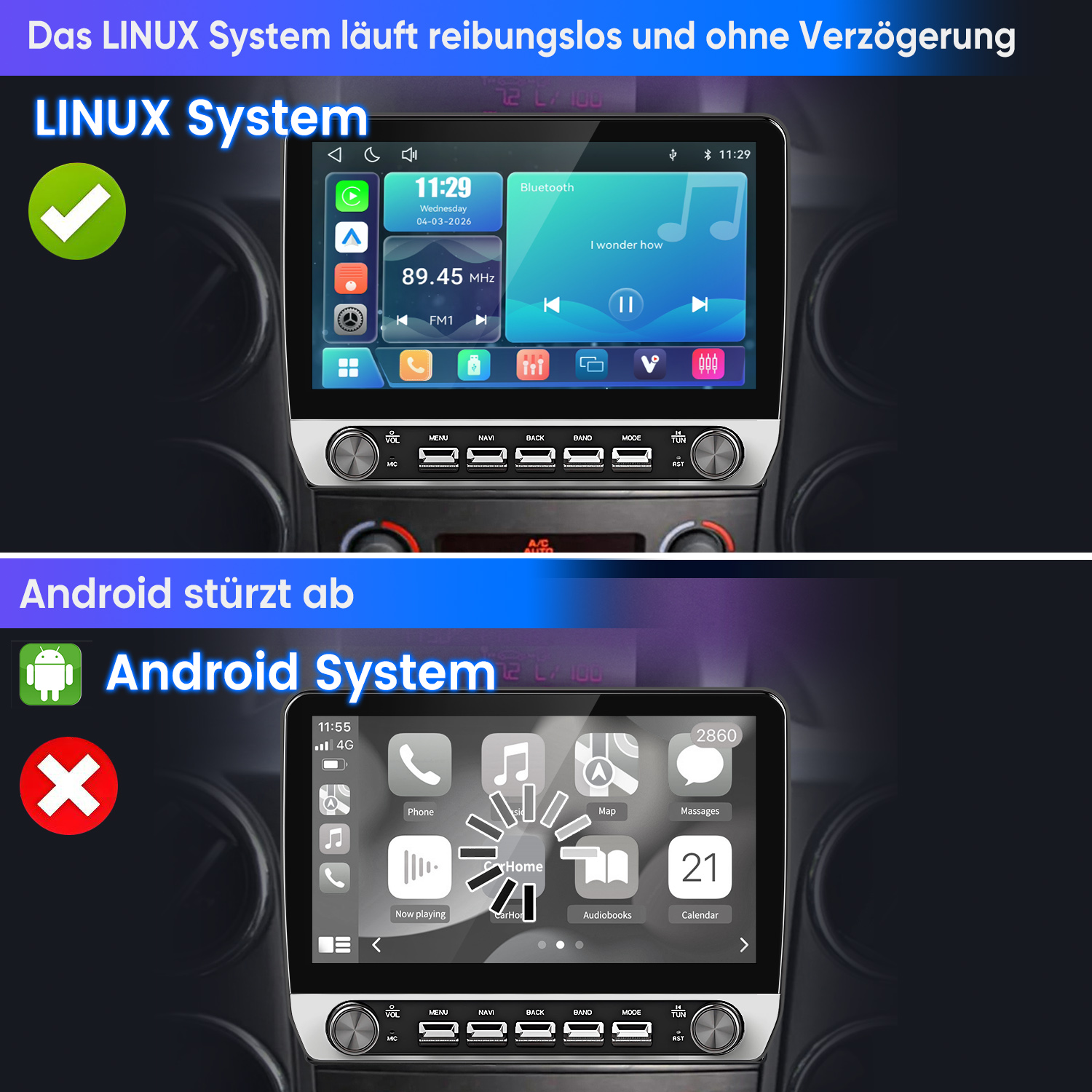 Vergleich einer flüssigen Linux-Autoradio-Oberfläche und einem abstürzenden Android-System.