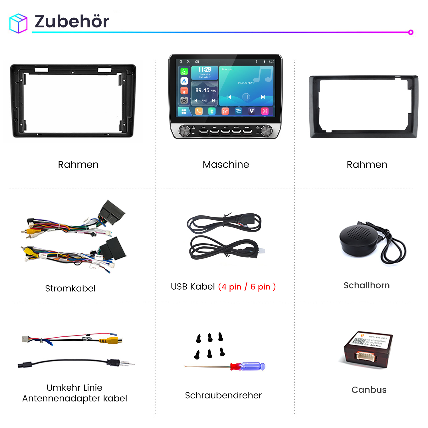 Übersicht von Autoradio-Zubehörteilen inklusive Rahmen, Kabel, Lautsprecher, Schraubendreher und Canbus-Modul.