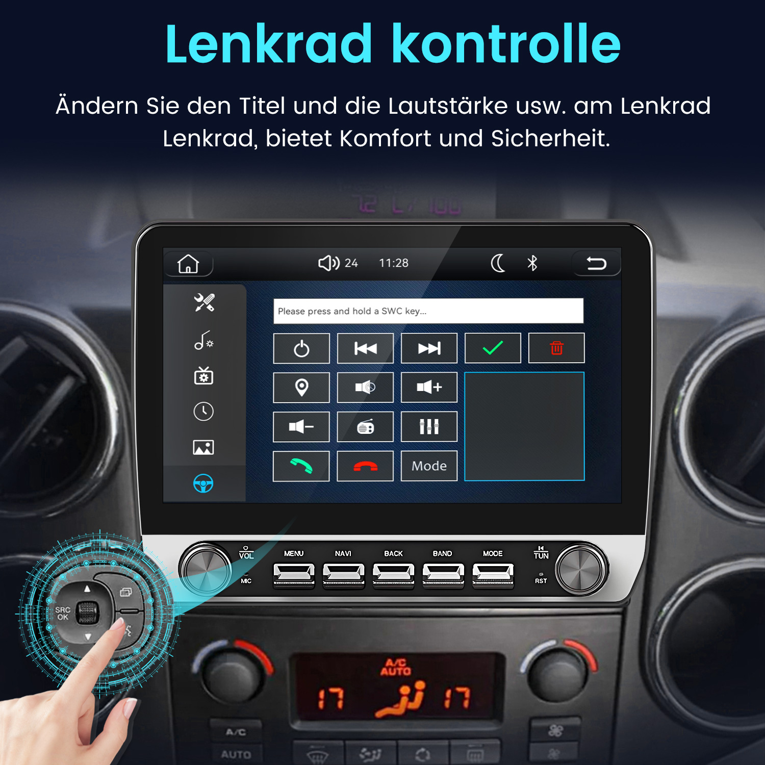 Ein Car-Audio-Bildschirm zeigt Lenkrad-Steuerungsoptionen auf dem Armaturenbrett.