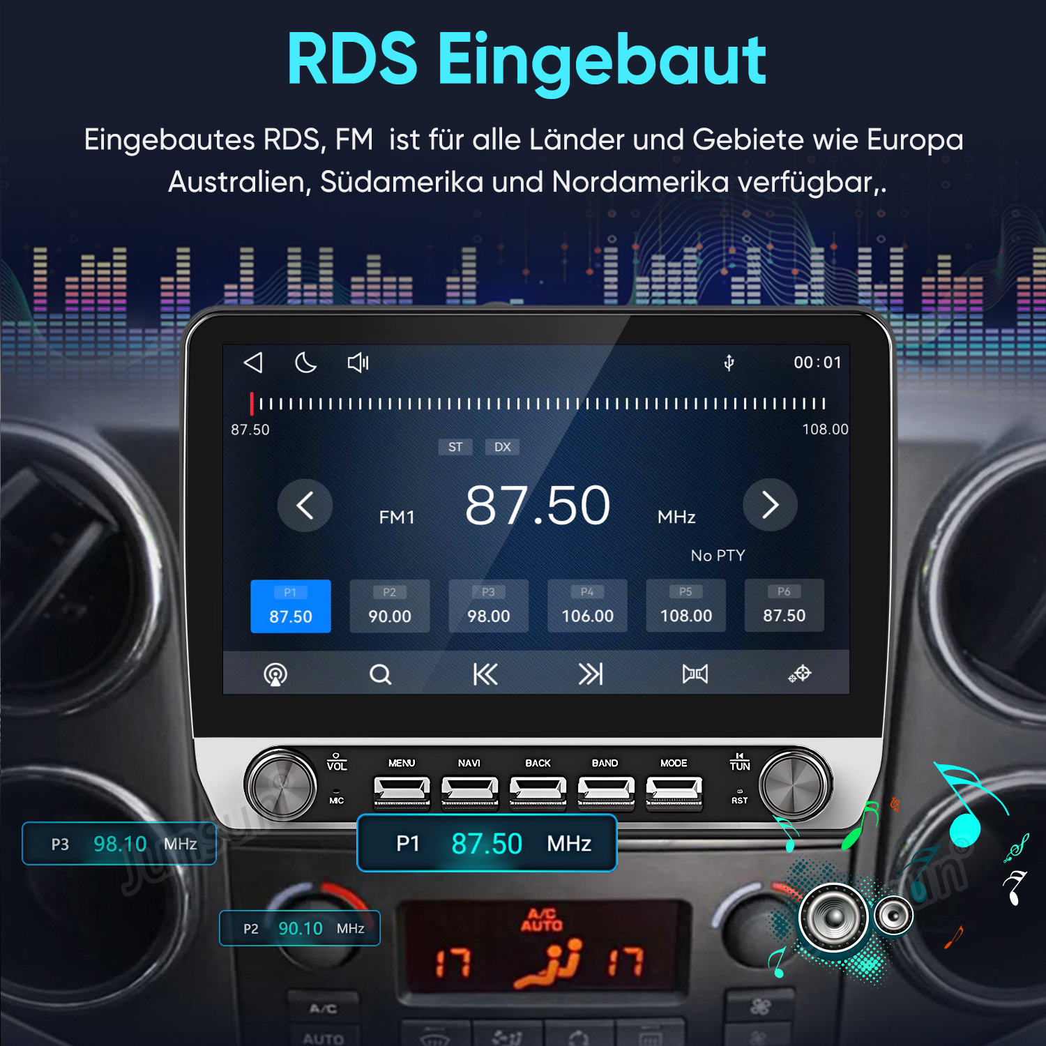 Auto-Radio-Display mit RDS und Equalizer-Grafik im Hintergrund.