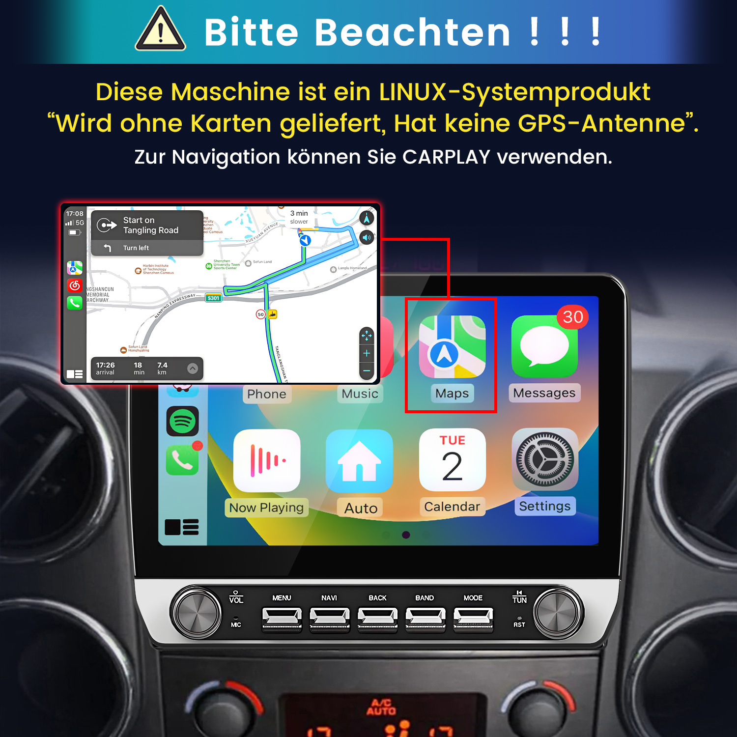 Autoradio-Bildschirm mit CarPlay-Oberfläche und App-Symbolen, Warntext auf Deutsch oben.