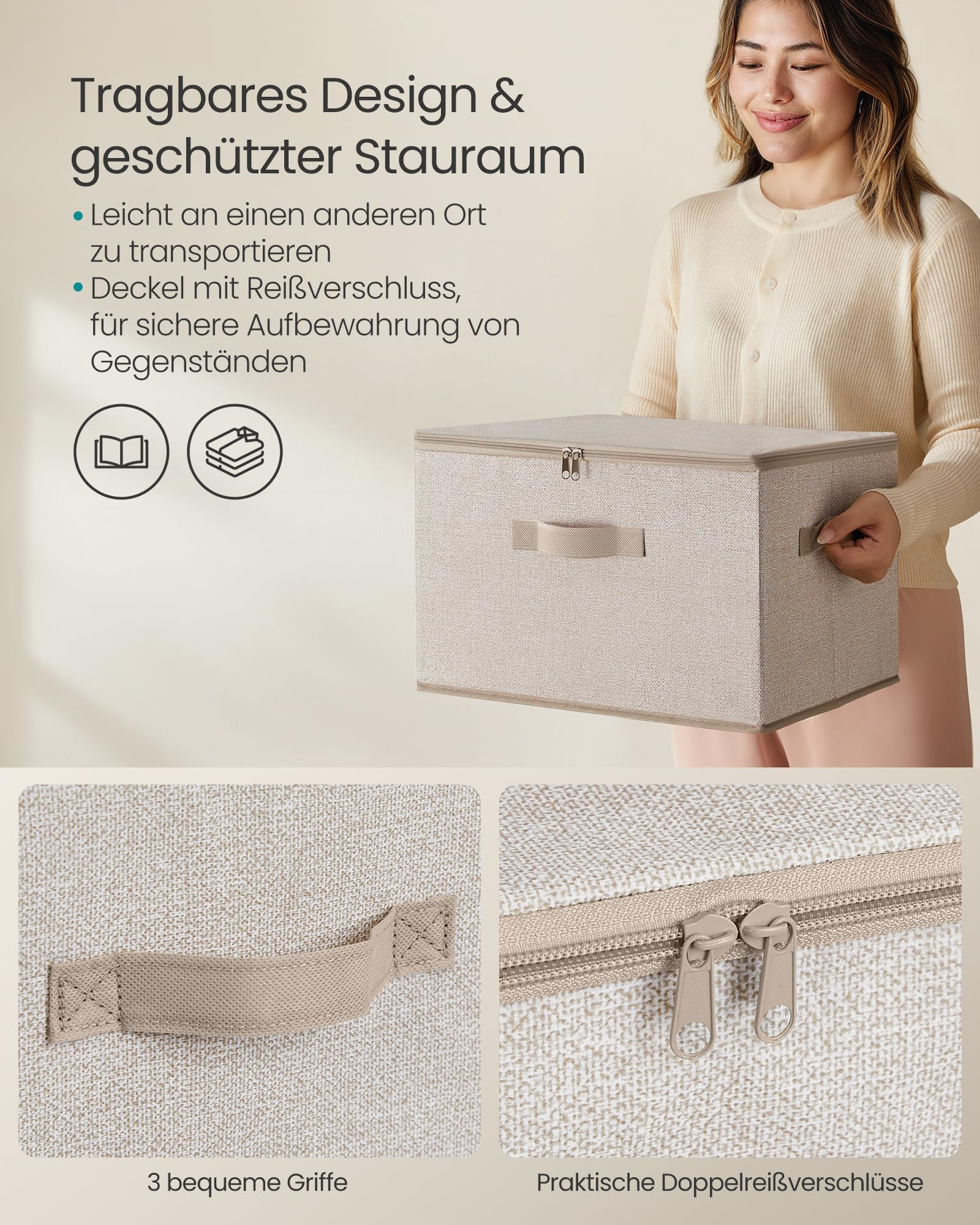 Una donna tiene in mano una scatola portaoggetti in tessuto beige con cerniera e maniglie.