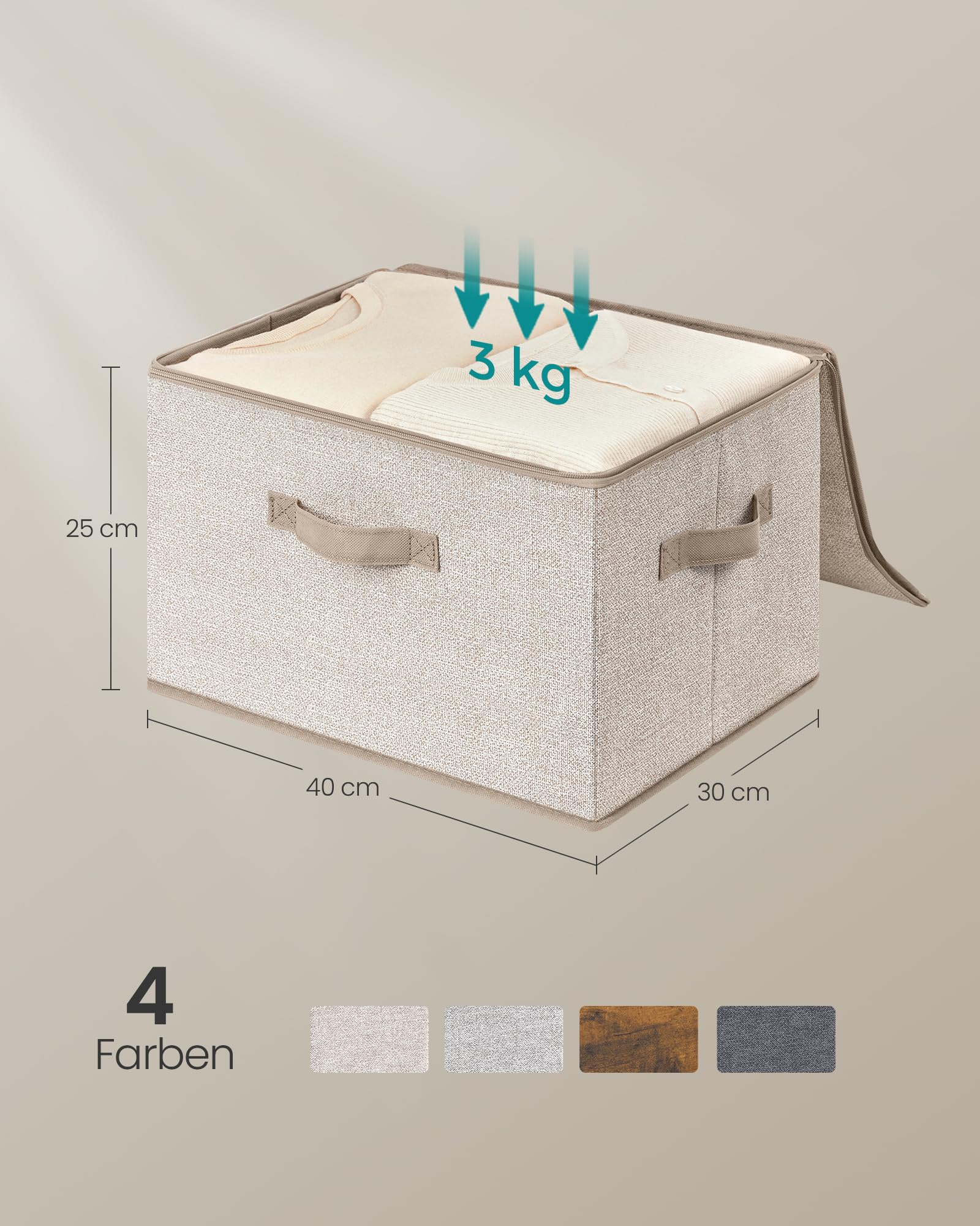 Scatola portaoggetti in tessuto beige, 40x30x25 cm, con vestiti, dimensioni e campioni di colore.
