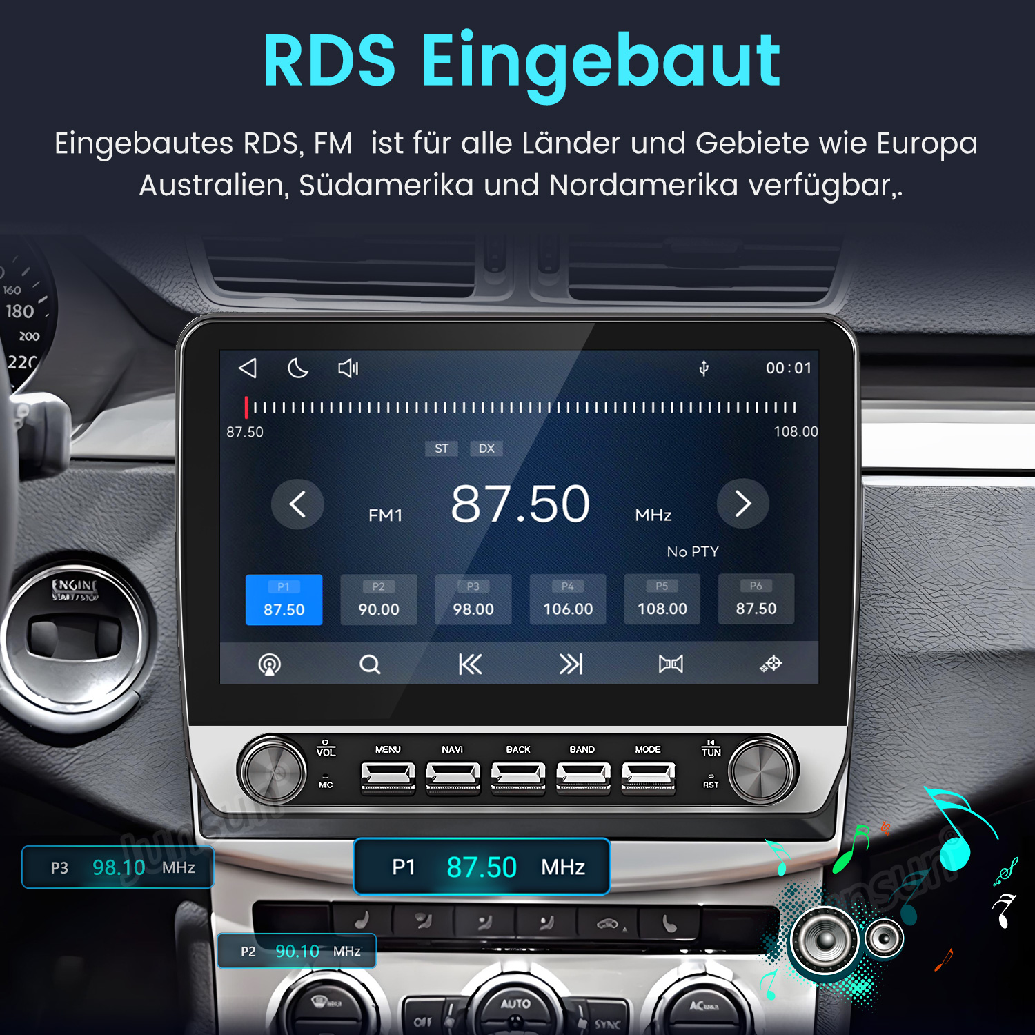 Autoradio mit RDS und FM-Tuner in einem Auto-Armaturenbrett eingebaut.