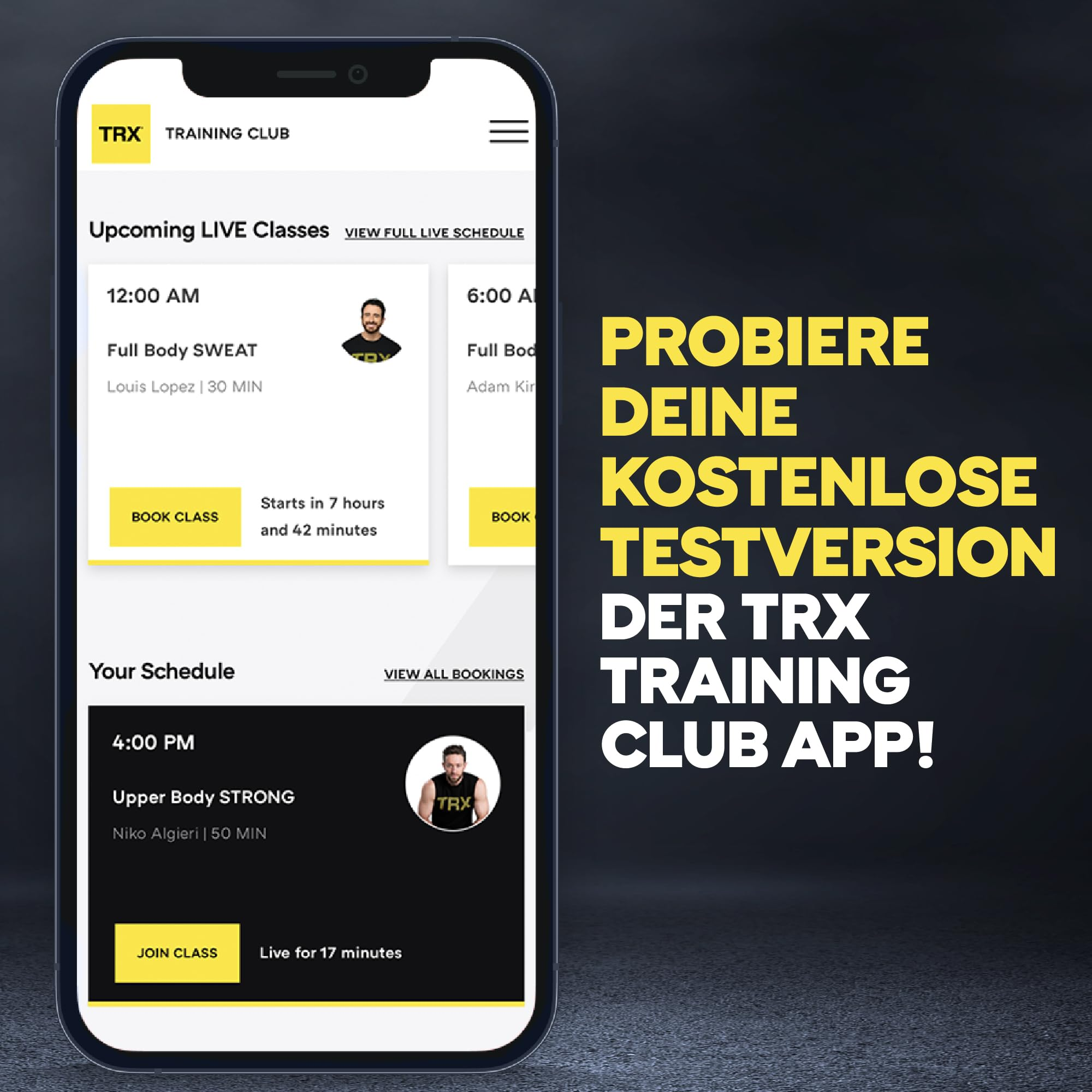 Smartphone mit der TRX Training Club App und deutschem Werbetext auf der rechten Seite.