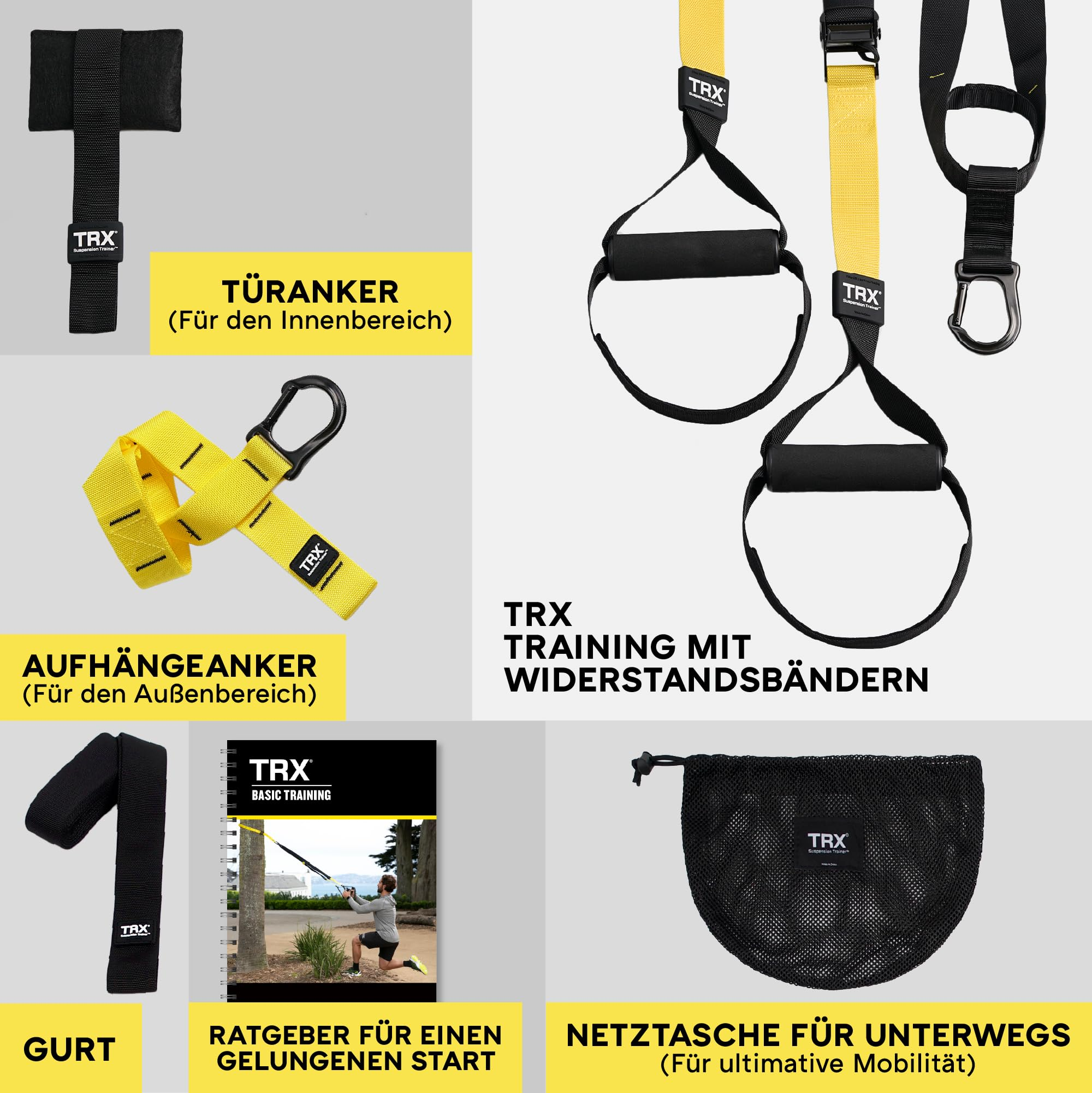 TRX-Schlingentraining-Set mit Bändern, Türanker, Outdoor-Anker, Anleitung und Netztasche auf grau-gelbem Hintergrund.