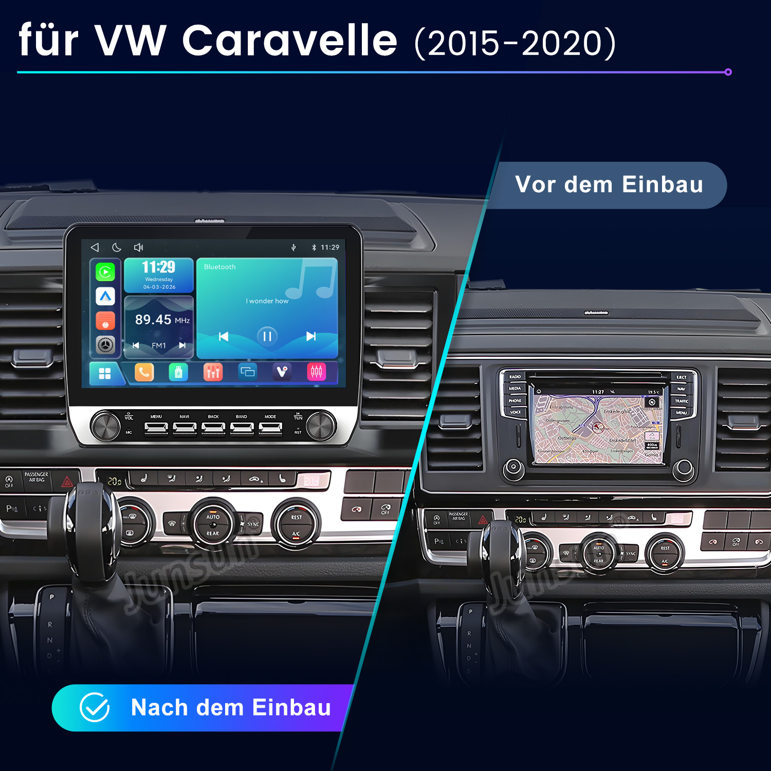 Vergleich der VW Caravelle Mittelkonsole vor und nach dem Einbau eines modernen Touchscreen-Autoradios.