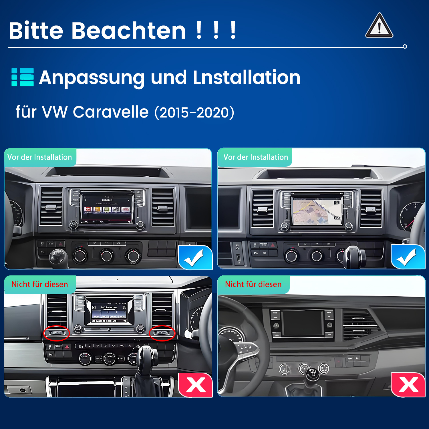 Installationsanleitung für VW Caravelle Navigationssysteme mit kompatiblen und inkompatiblen Armaturenbrettern.