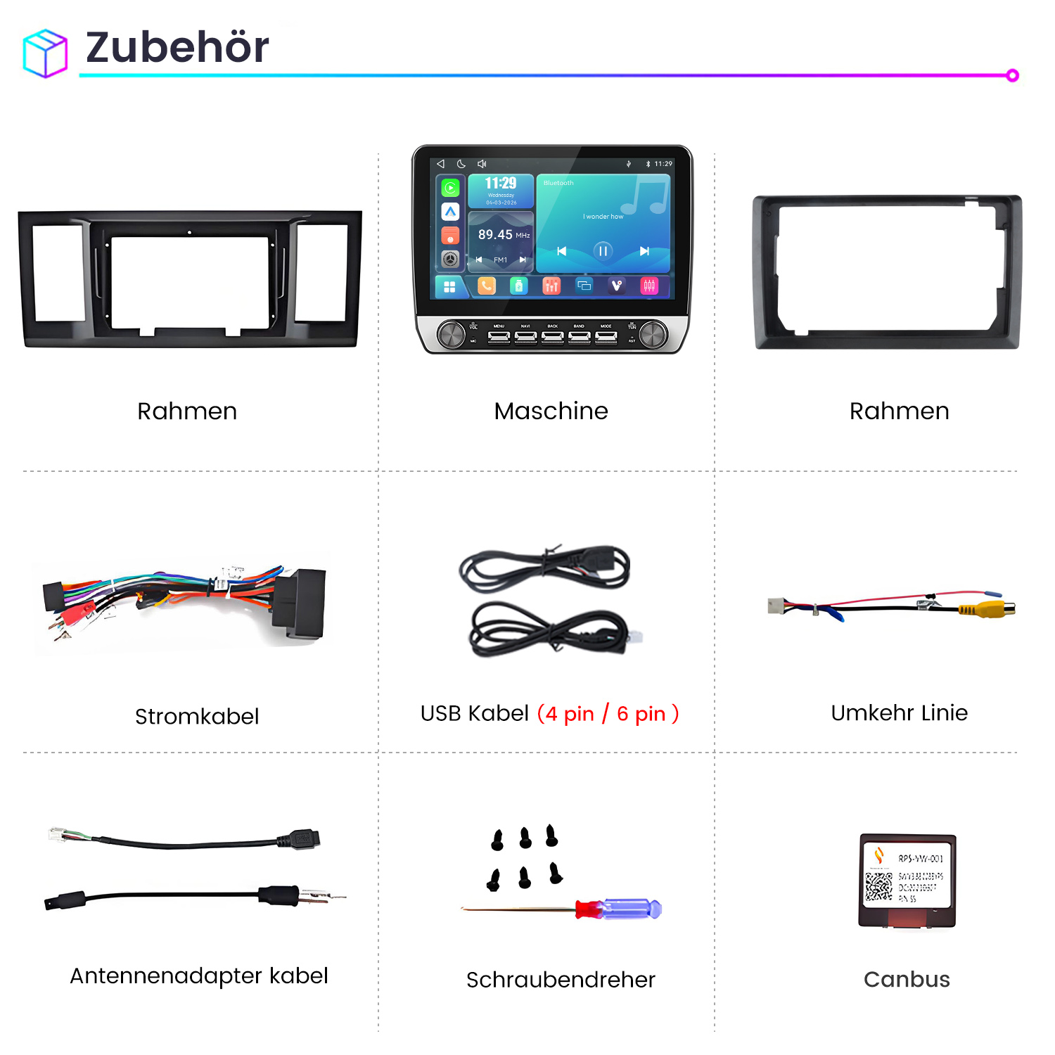 Übersicht von Autoradio-Zubehörteilen inklusive Rahmen, Display, Kabeln, Schrauben und Canbus.
