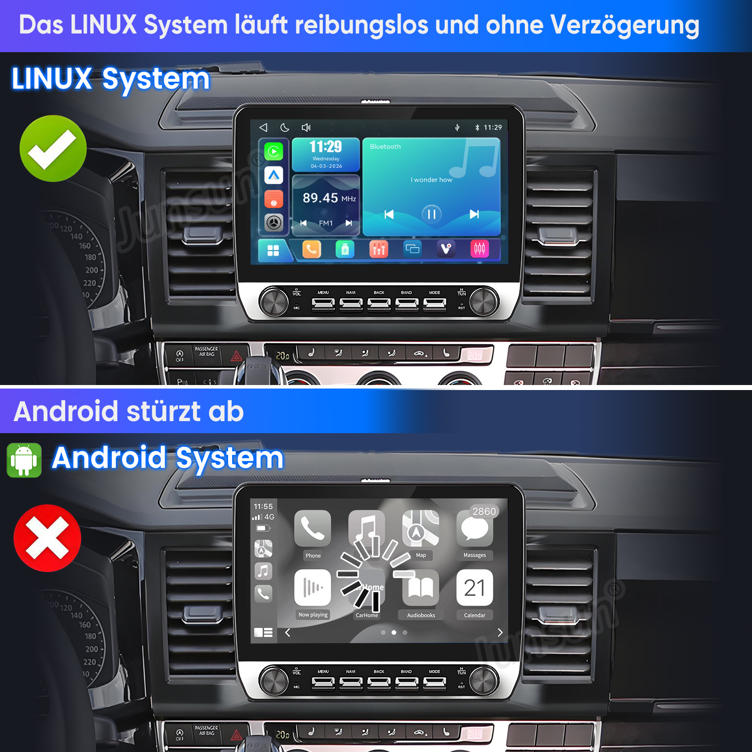 Vergleich zweier Auto-Infotainment-Systeme: Linux funktioniert reibungslos, Android stürzt mit Ladesymbol ab.